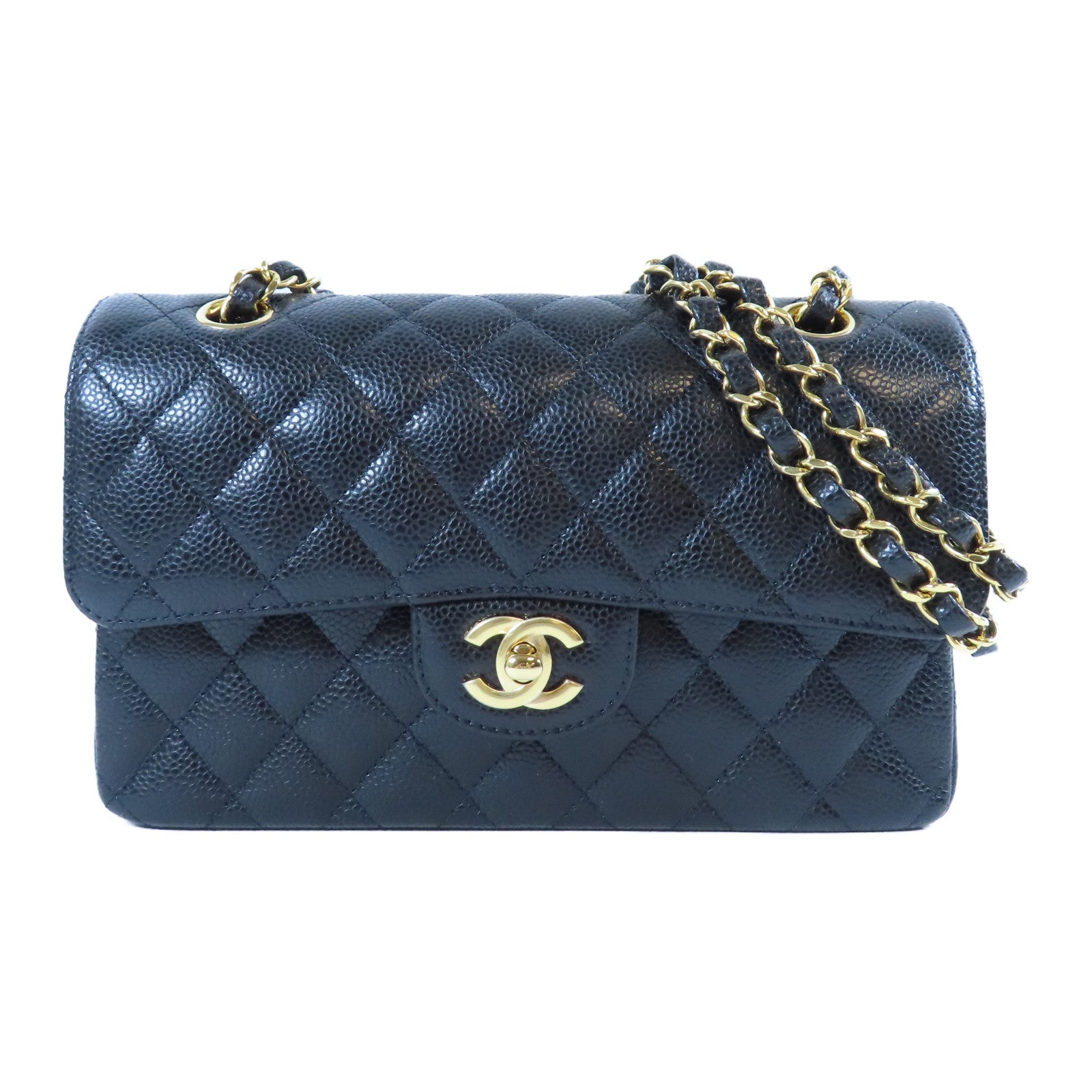 CHANEL 菱格Caviar皮革Classic 23cm金扣鏈帶肩背袋黑色