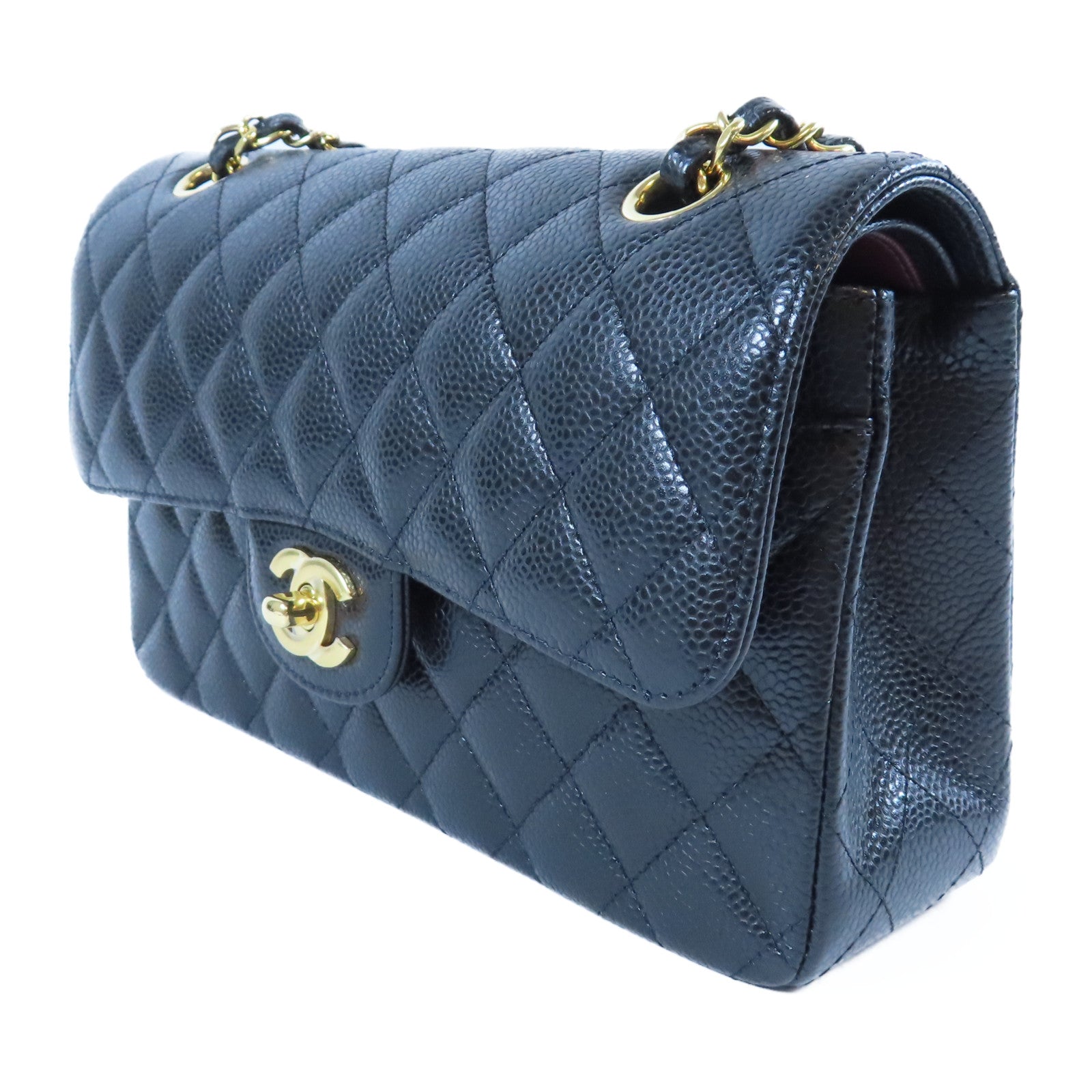 CHANEL 菱格Caviar皮革Classic 23cm金扣鏈帶肩背袋黑色