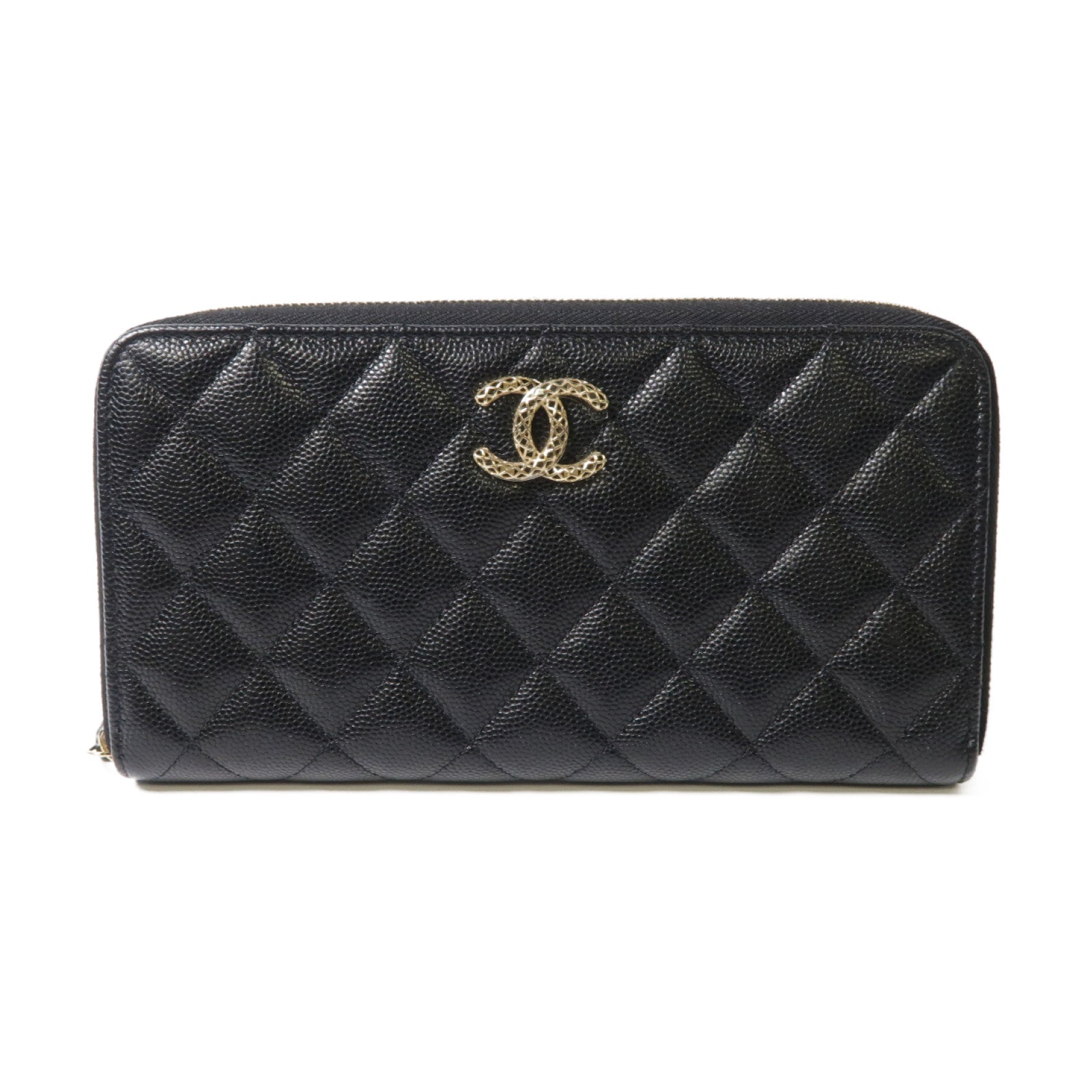 CHANEL 菱格Caviar皮革Zipper Long Wallet金扣/銀扣長錢包黑色