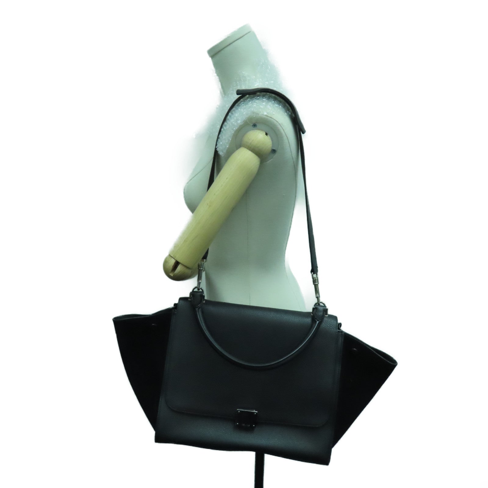CELINE 麂皮/牛皮皮革Trapeze銀扣手挽肩背兩用袋黑色