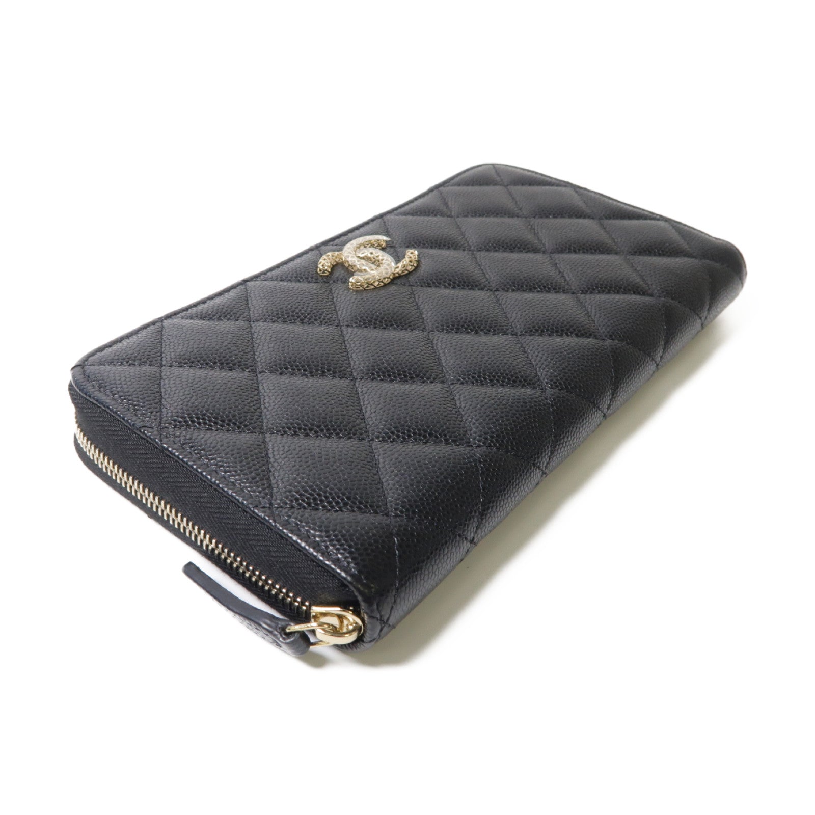 CHANEL 菱格Caviar皮革Zipper Long Wallet金扣/銀扣長錢包黑色