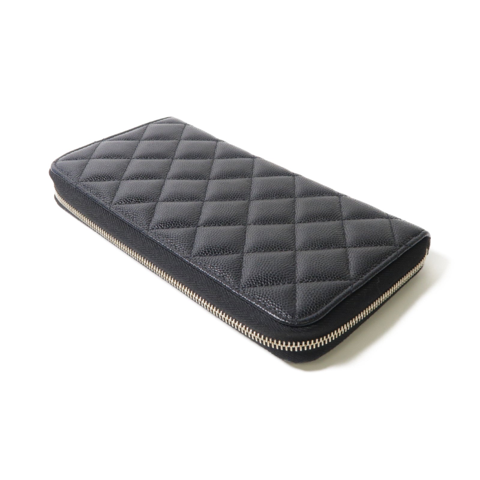 CHANEL 菱格Caviar皮革Zipper Long Wallet金扣/銀扣長錢包黑色