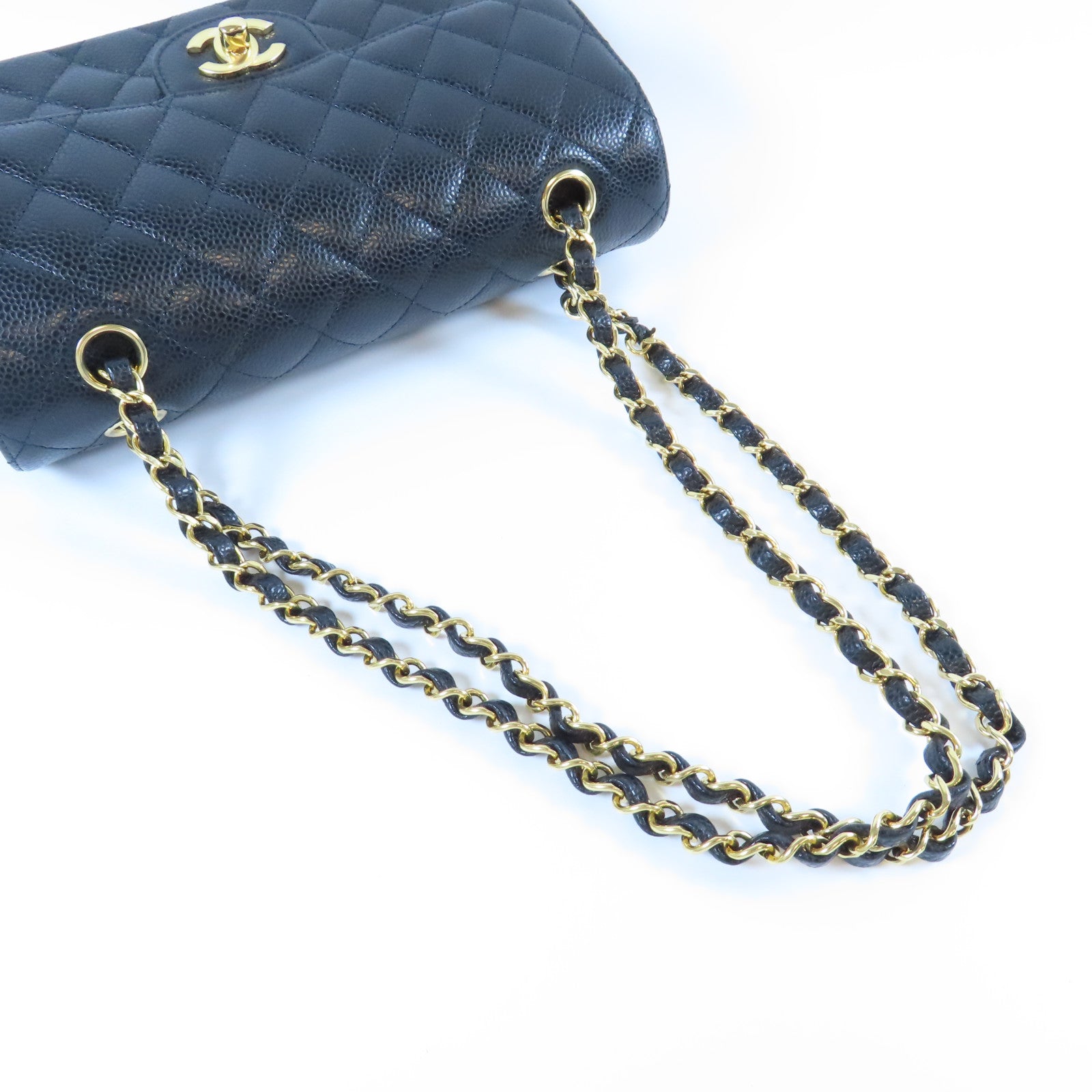 CHANEL 菱格Caviar皮革Classic 23cm金扣鏈帶肩背袋黑色