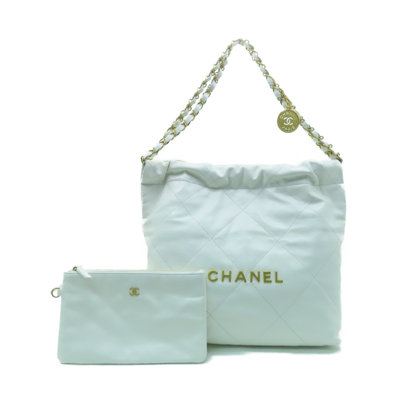 CHANEL 菱格牛皮皮革Chanel 22金扣鏈帶肩背袋白色