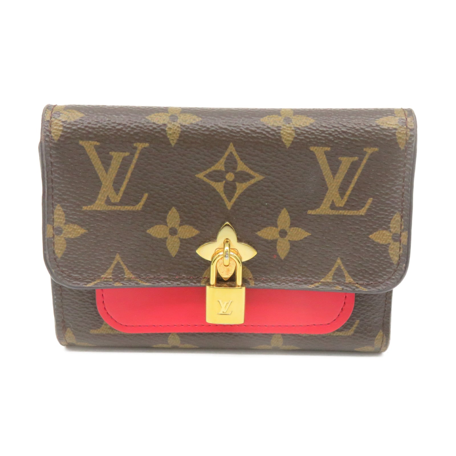LOUIS VUITTON Monogram Flower Short Wallet金扣短錢包啡色/紅色