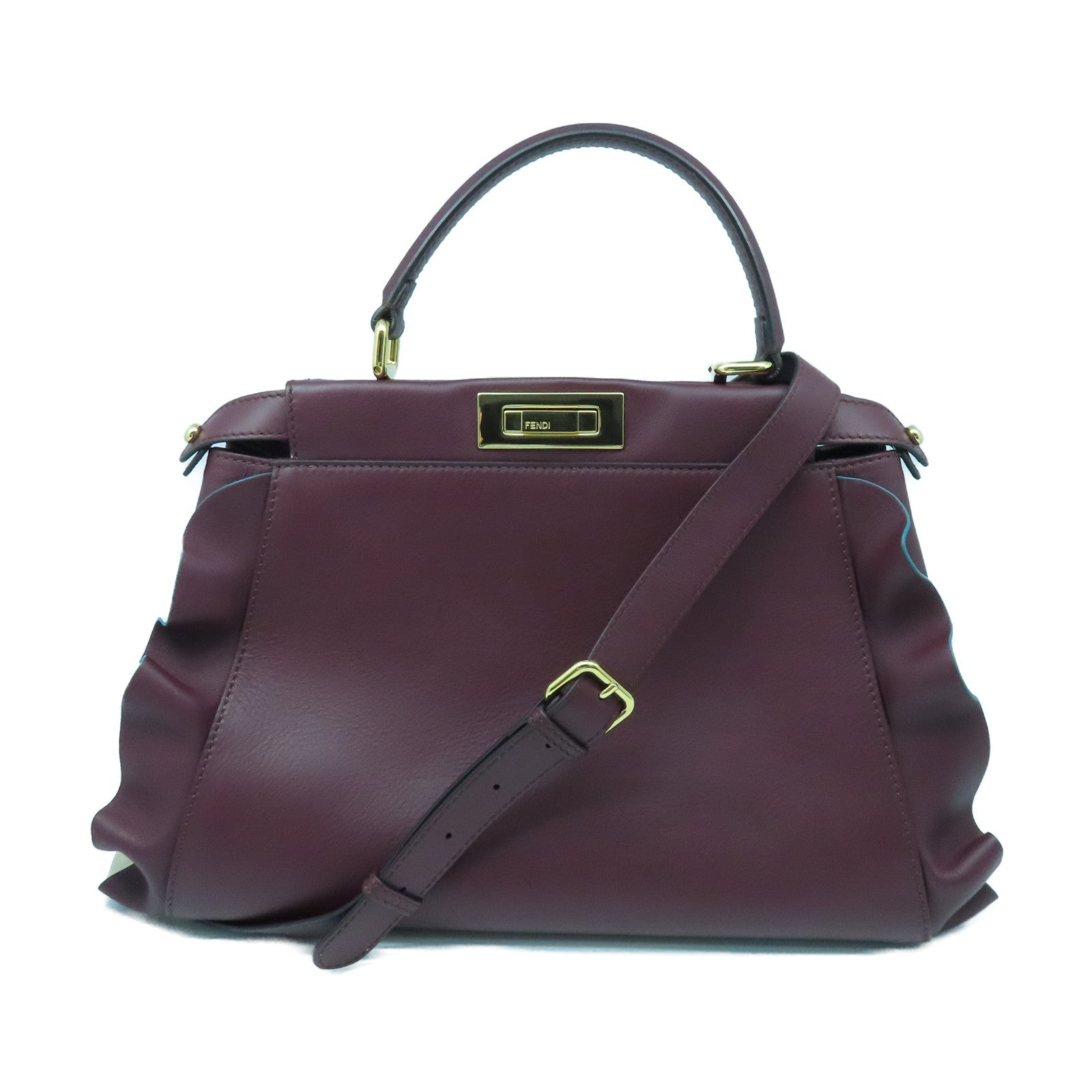 FENDI Cowhide Leather Peekaboo Gold Buckle Handle Shoulder Bag Wine Red