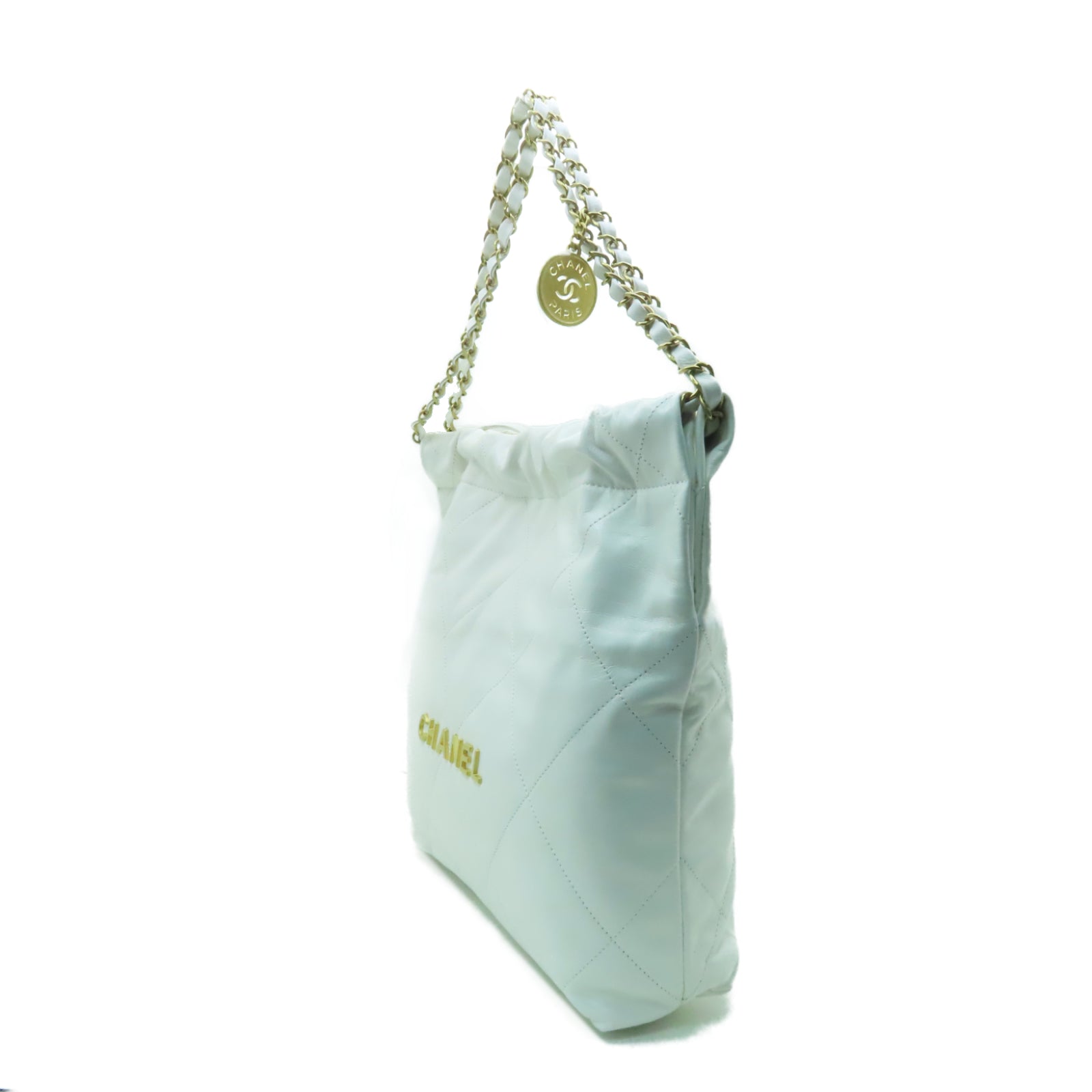 CHANEL 菱格牛皮皮革Chanel 22金扣鏈帶肩背袋白色
