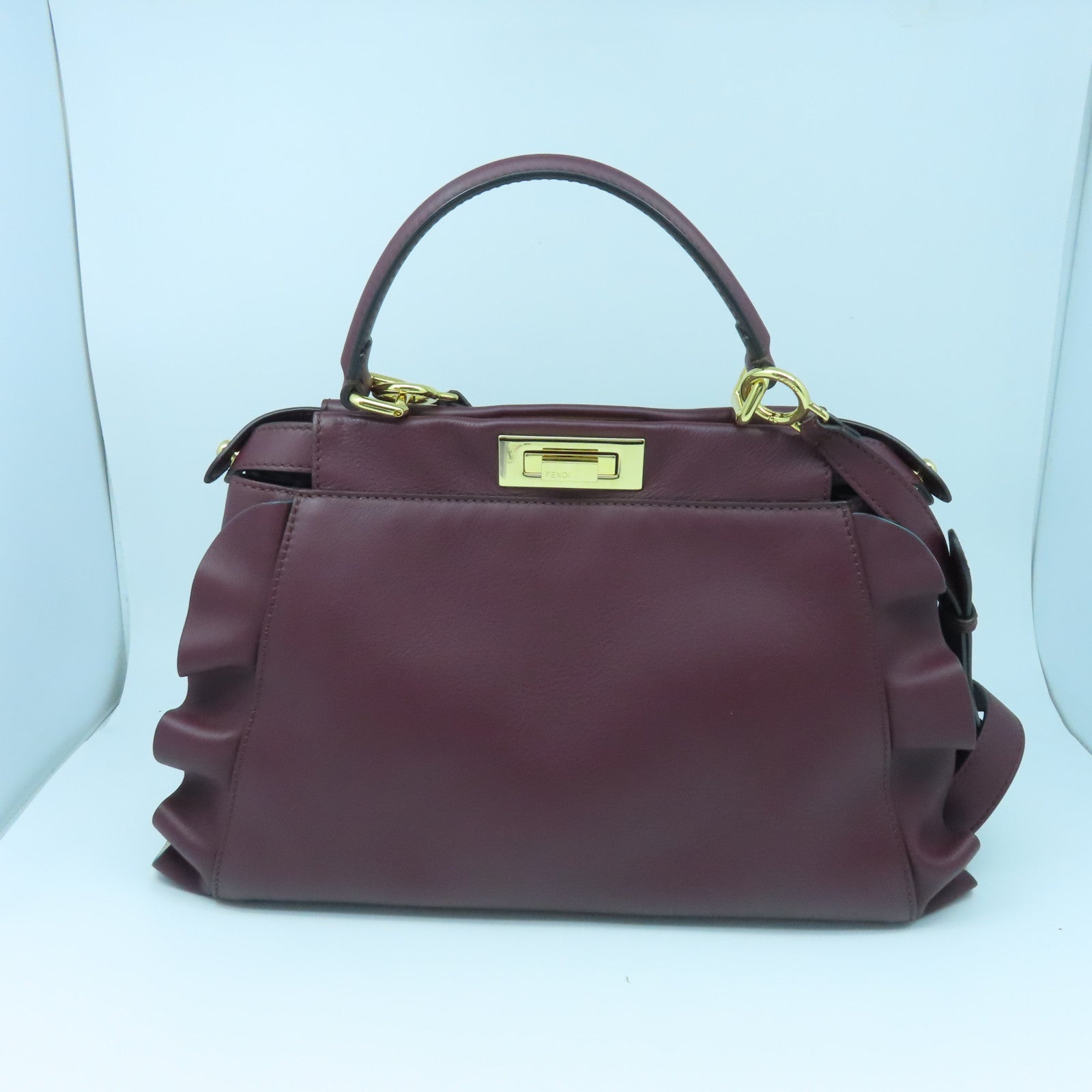 FENDI Cowhide Leather Peekaboo Gold Buckle Handle Shoulder Bag Wine Red