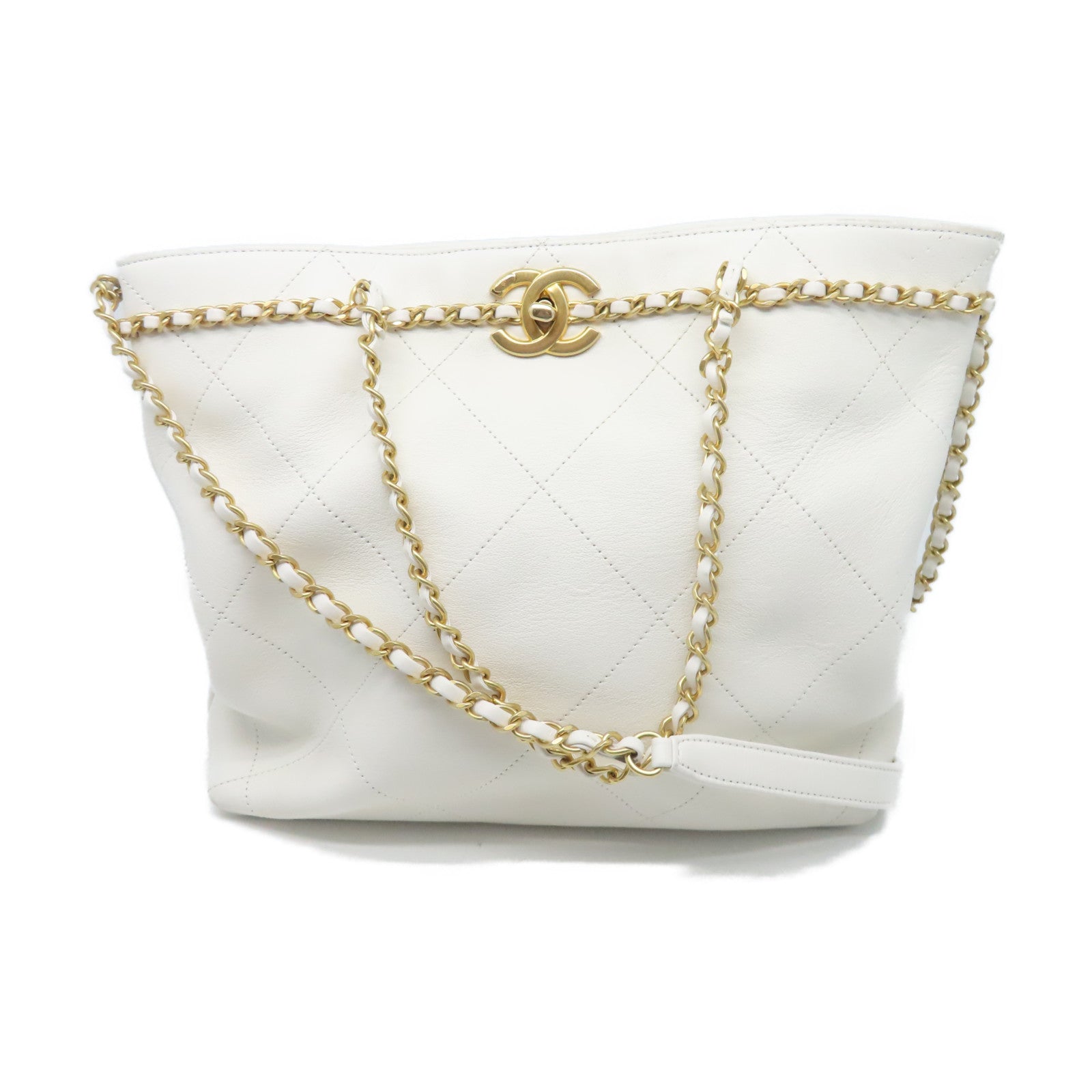 CHANEL 菱格牛皮皮革Chain Shoulder金扣鏈帶肩背袋白色
