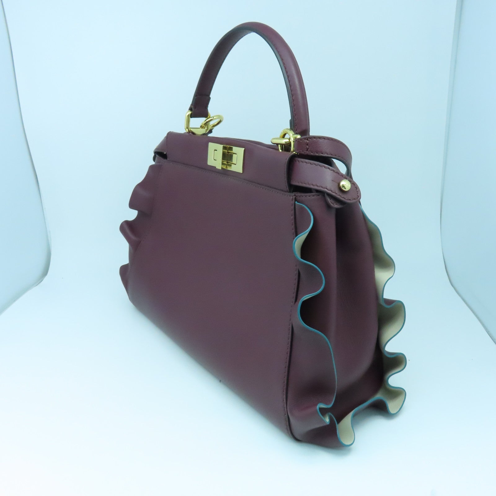 FENDI Cowhide Leather Peekaboo Gold Buckle Handle Shoulder Bag Wine Red