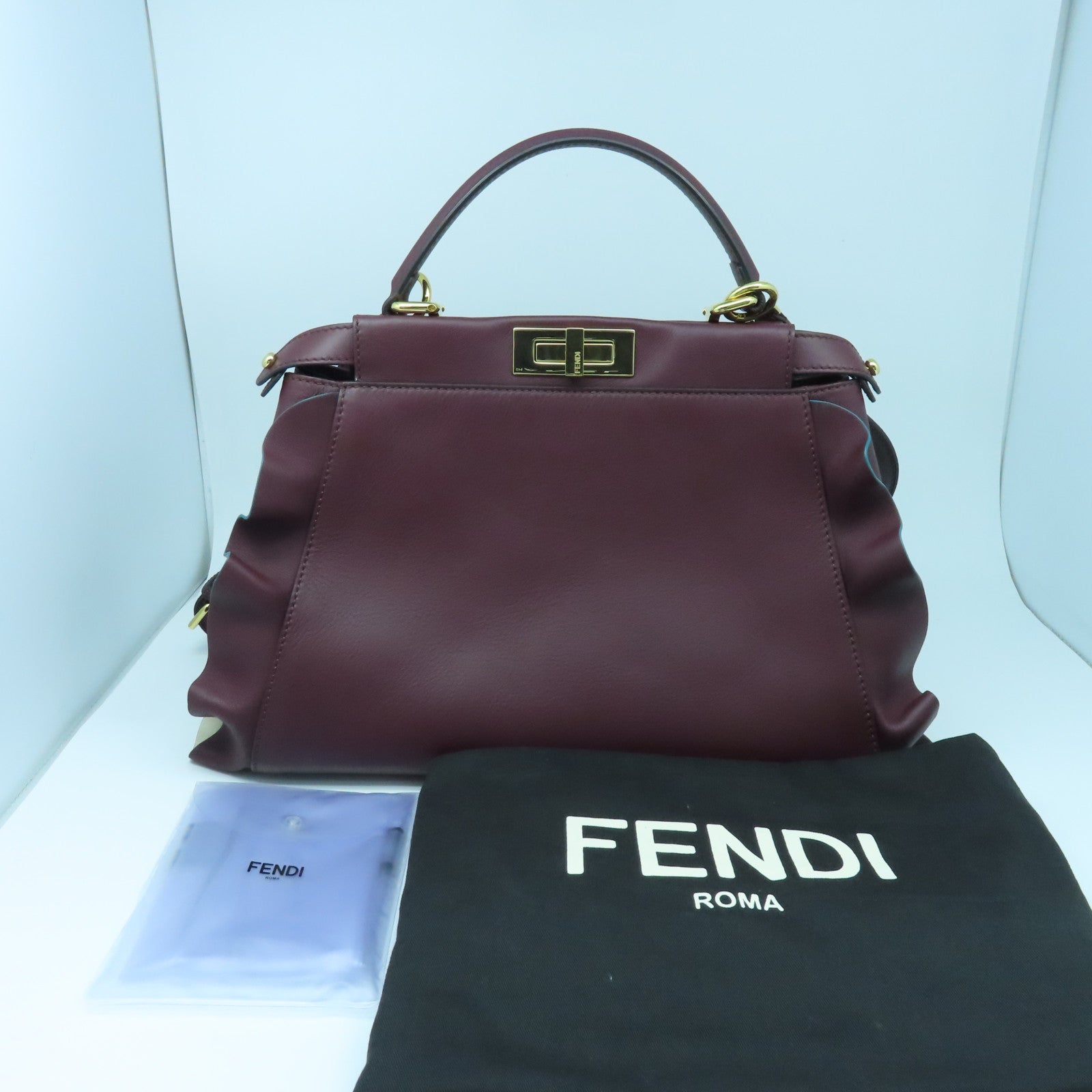 FENDI Cowhide Leather Peekaboo Gold Buckle Handle Shoulder Bag Wine Red