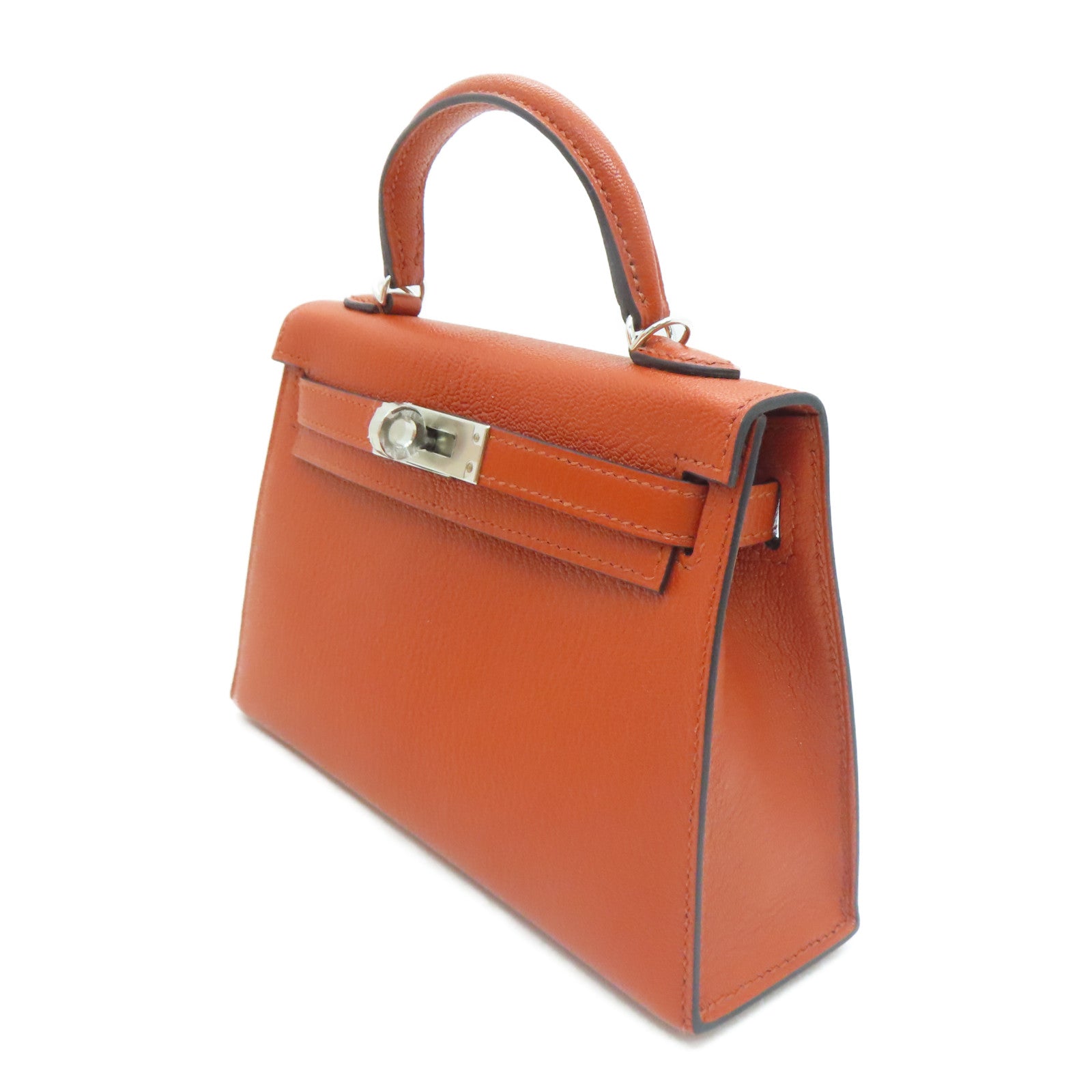 HERMES Chevre皮革Mini Kelly II銀扣肩背袋Potiron橙色