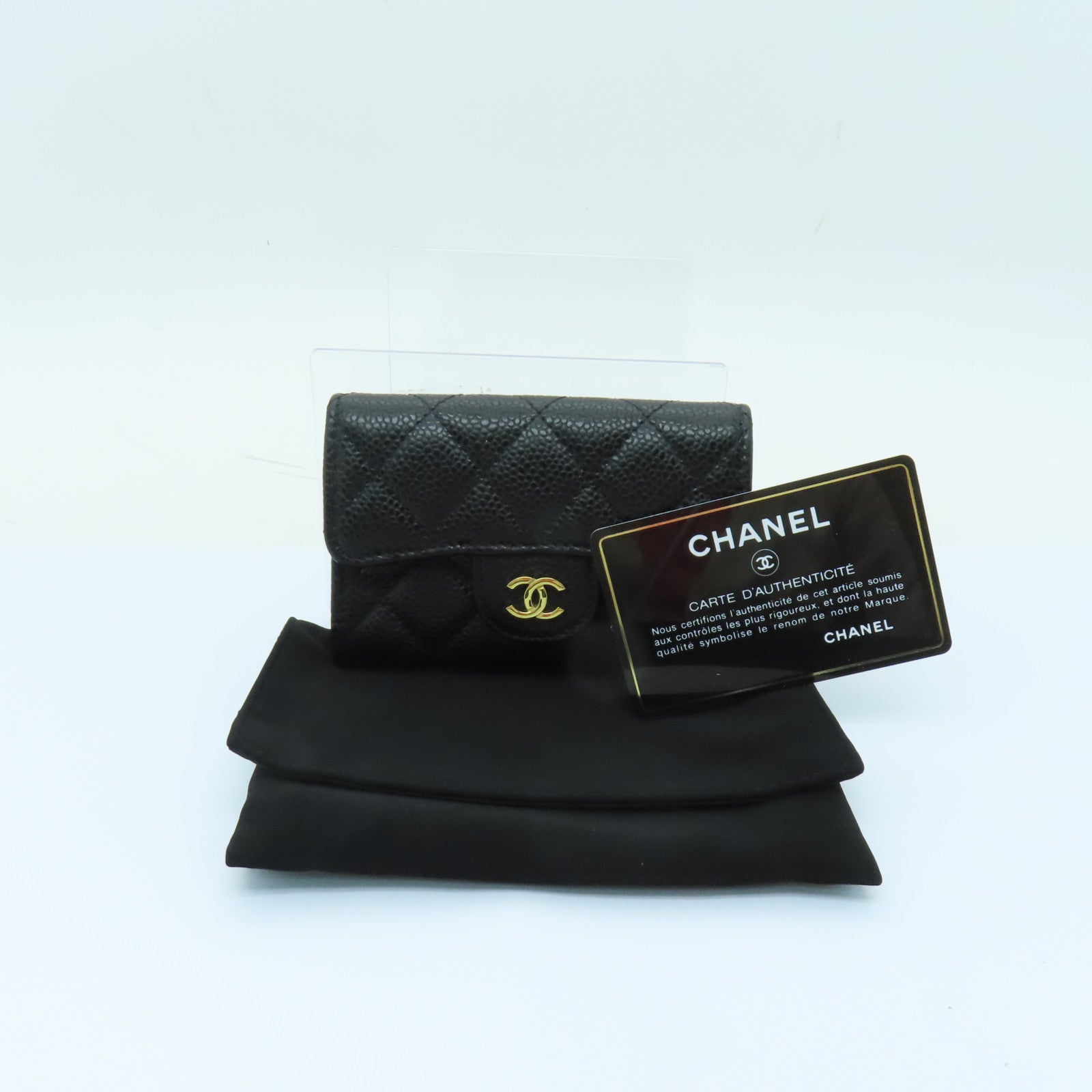 CHANEL 菱格Caviar皮革Card Case金扣卡片套黑色