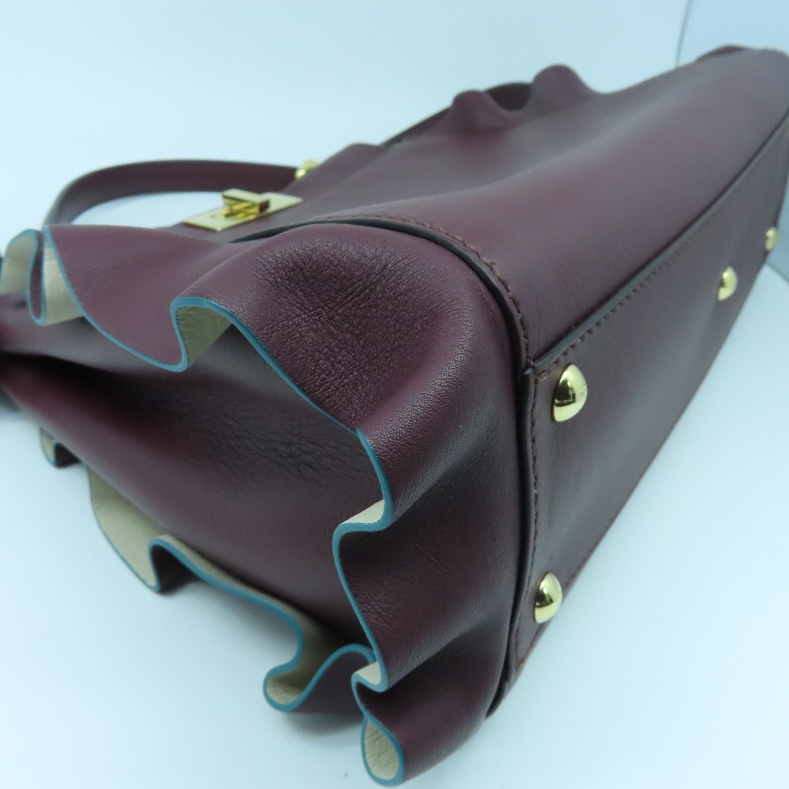 FENDI Cowhide Leather Peekaboo Gold Buckle Handle Shoulder Bag Wine Red