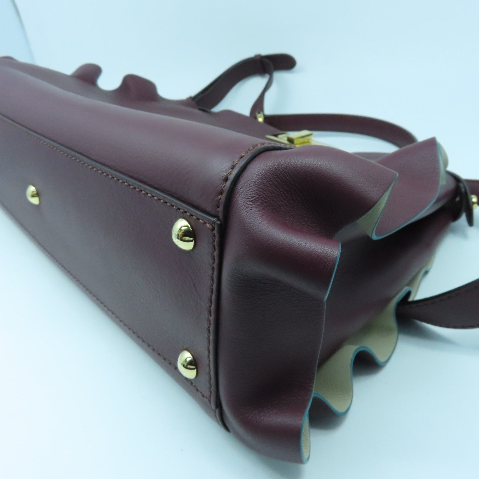 FENDI Cowhide Leather Peekaboo Gold Buckle Handle Shoulder Bag Wine Red