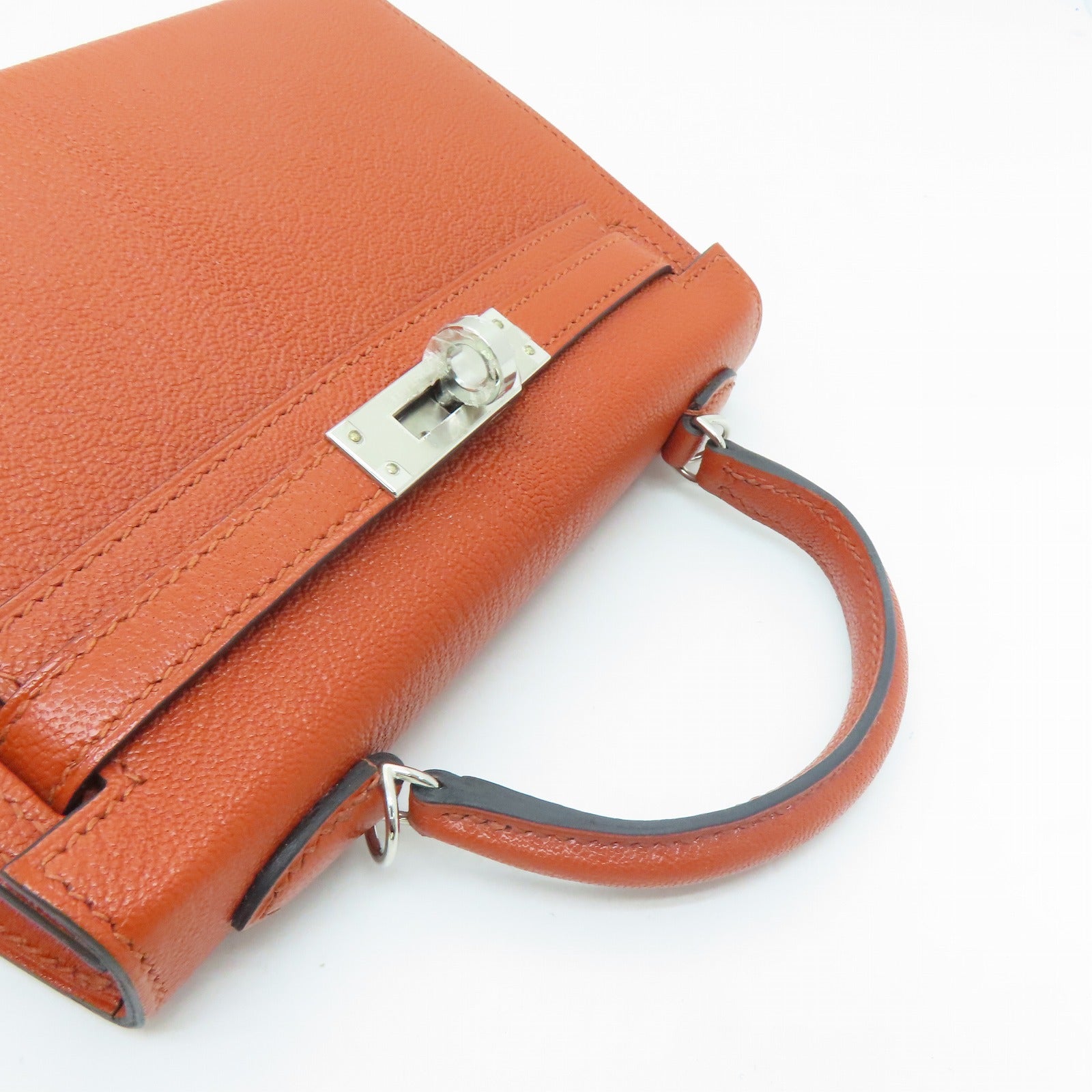 HERMES Chevre皮革Mini Kelly II銀扣肩背袋Potiron橙色