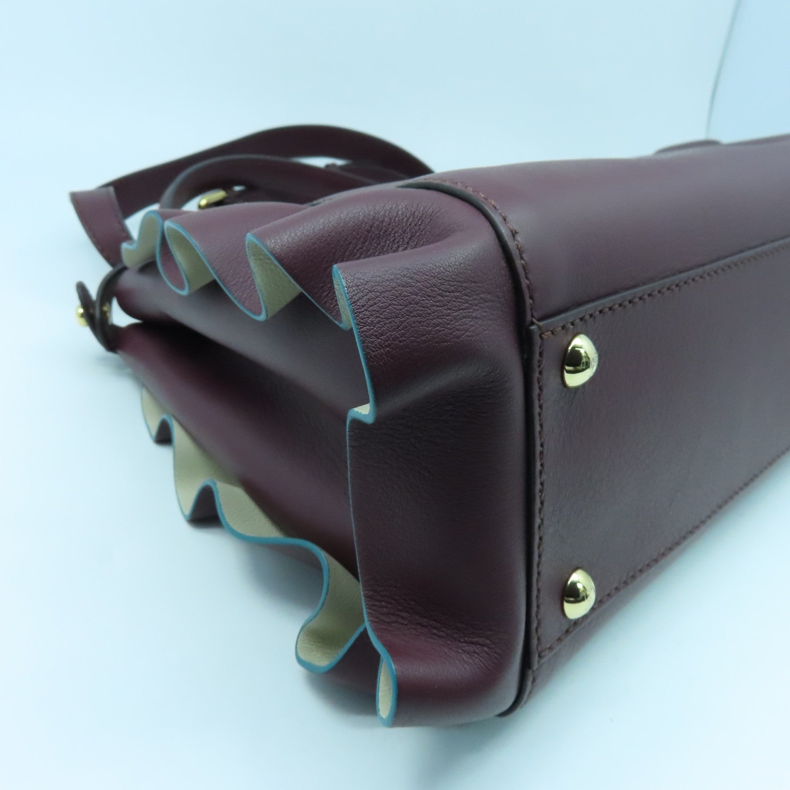 FENDI Cowhide Leather Peekaboo Gold Buckle Handle Shoulder Bag Wine Red