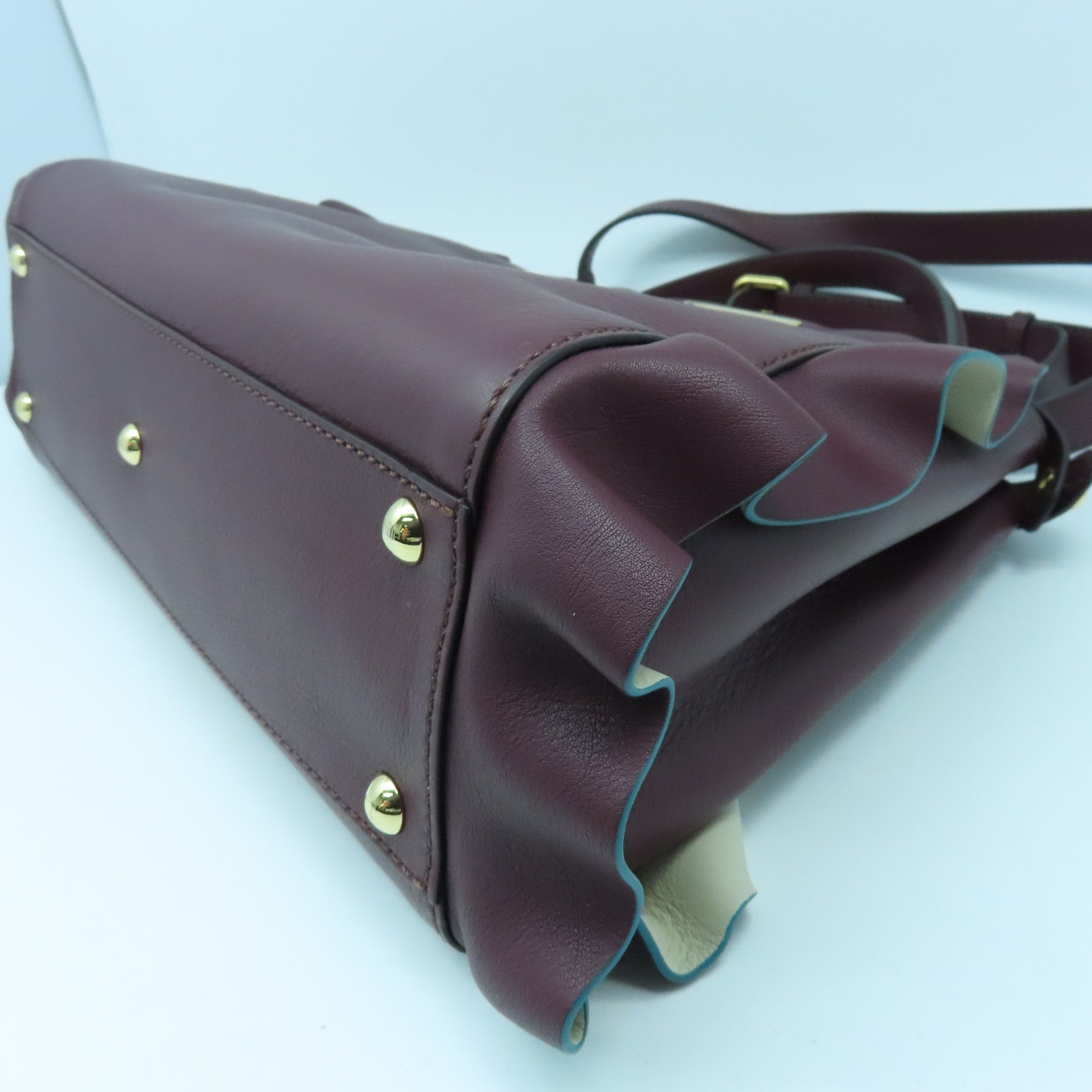 FENDI Cowhide Leather Peekaboo Gold Buckle Handle Shoulder Bag Wine Red
