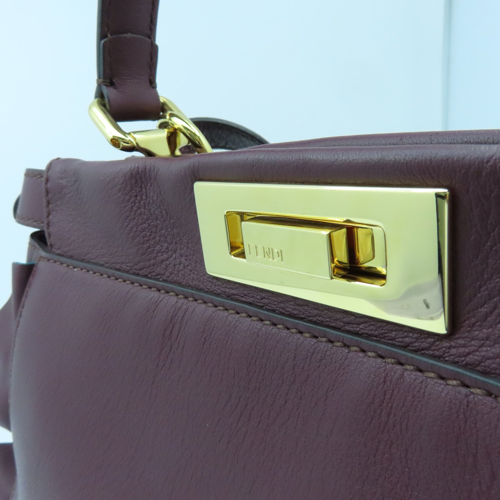 FENDI Cowhide Leather Peekaboo Gold Buckle Handle Shoulder Bag Wine Red