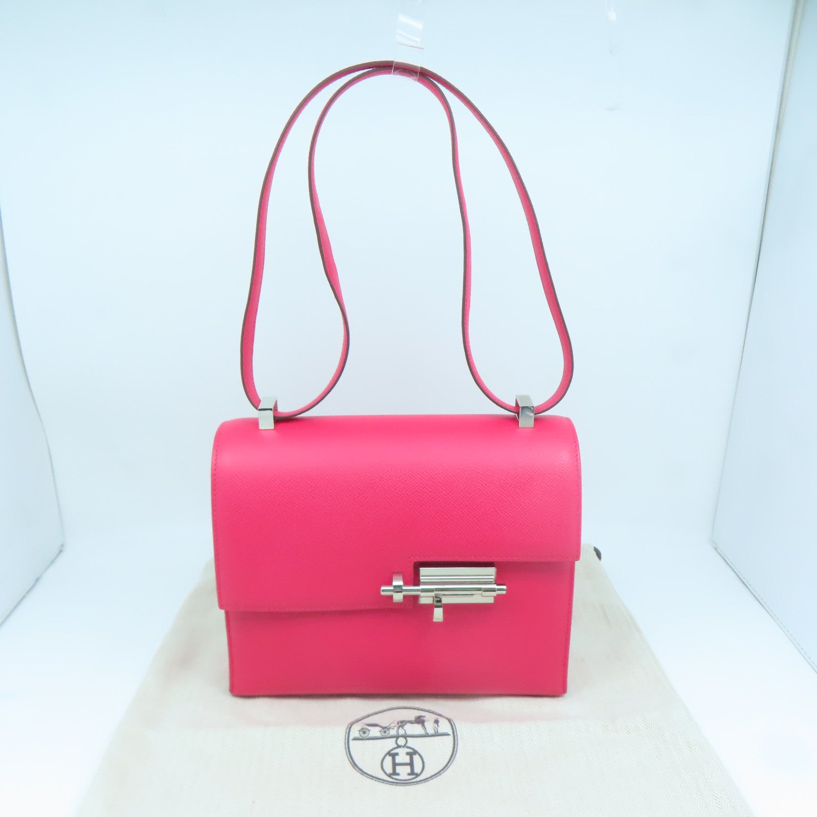 HERMES Epsom皮革Verrou 21银扣肩背袋Rose Extreme粉红色