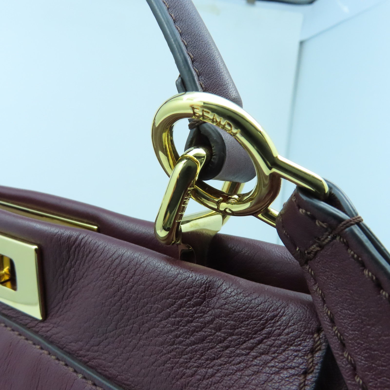 FENDI Cowhide Leather Peekaboo Gold Buckle Handle Shoulder Bag Wine Red