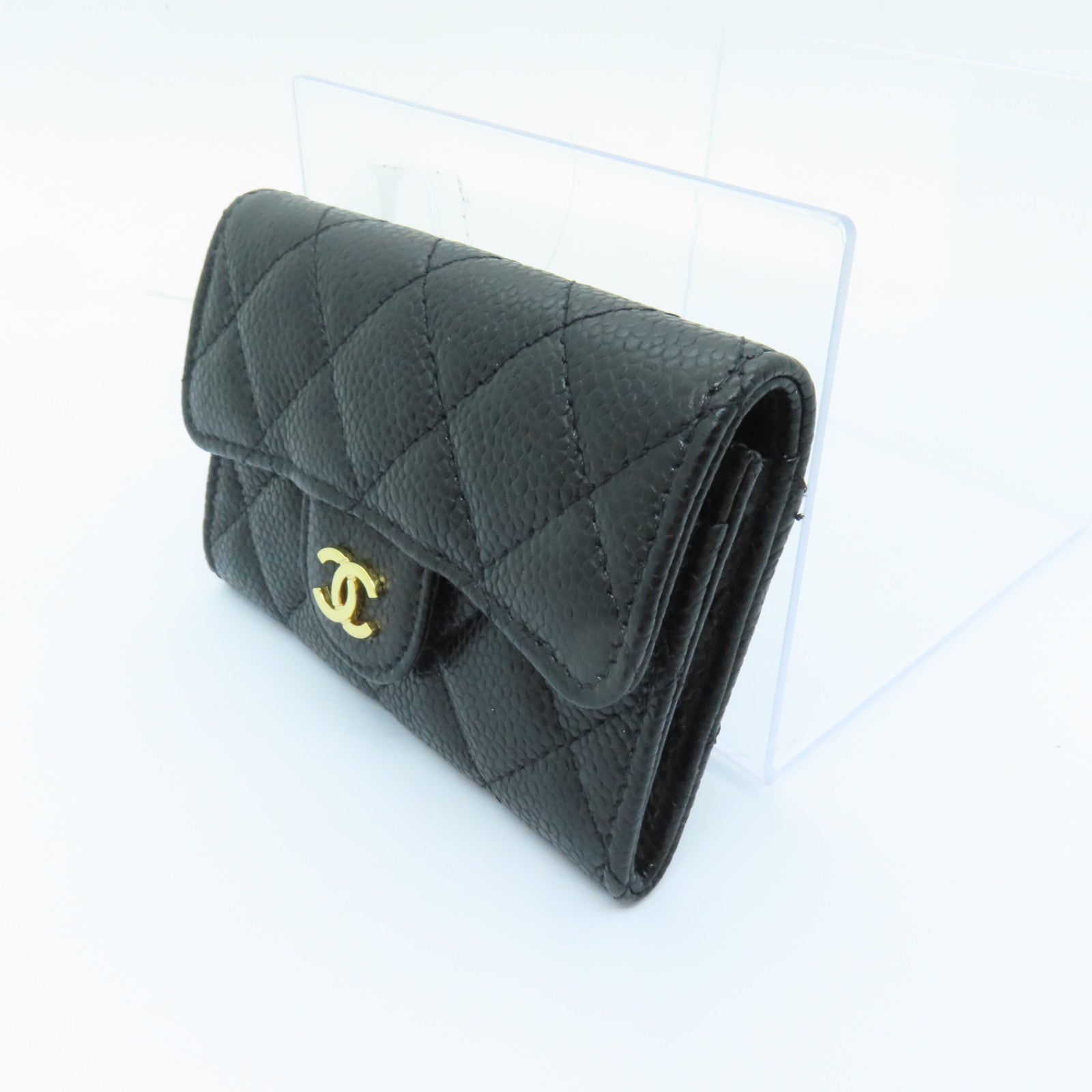 CHANEL 菱格Caviar皮革Card Case金扣卡片套黑色