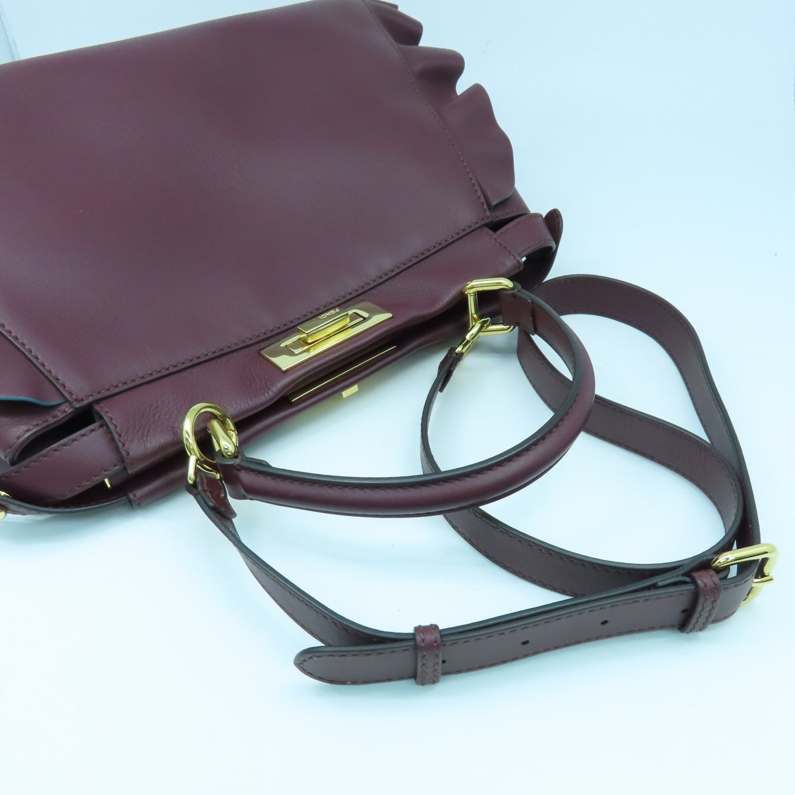 FENDI Cowhide Leather Peekaboo Gold Buckle Handle Shoulder Bag Wine Red