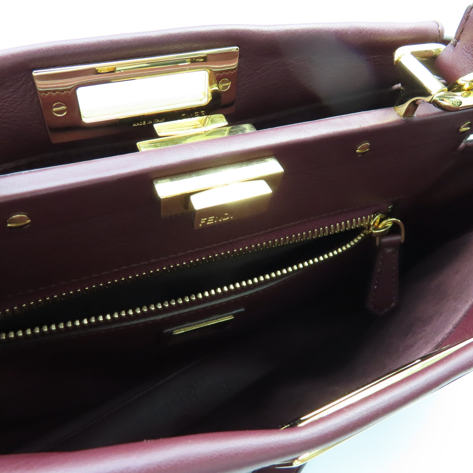 FENDI Cowhide Leather Peekaboo Gold Buckle Handle Shoulder Bag Wine Red