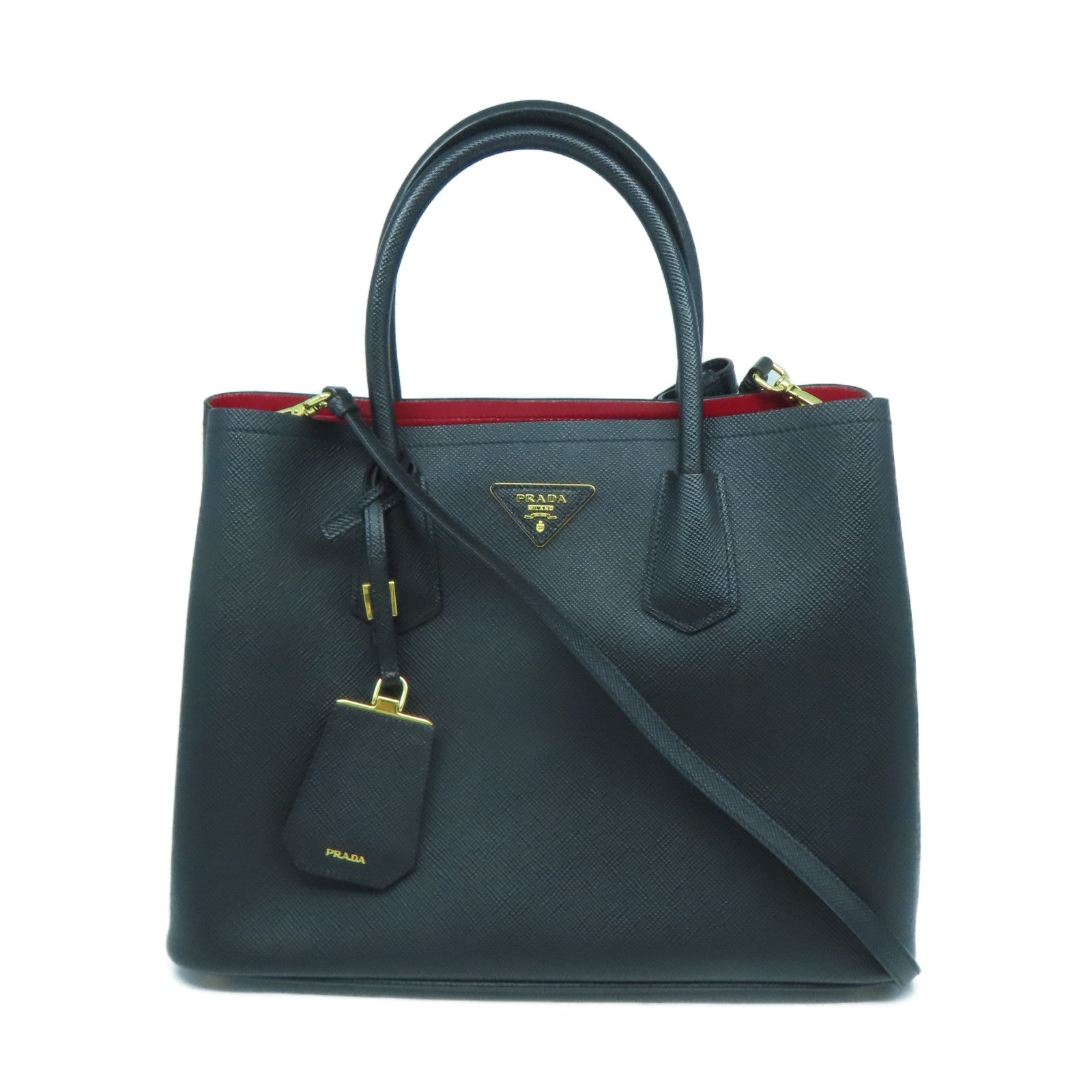 PRADA Saffiano皮革2Way Shoulder Bag金扣手挽肩背兩用袋黑色