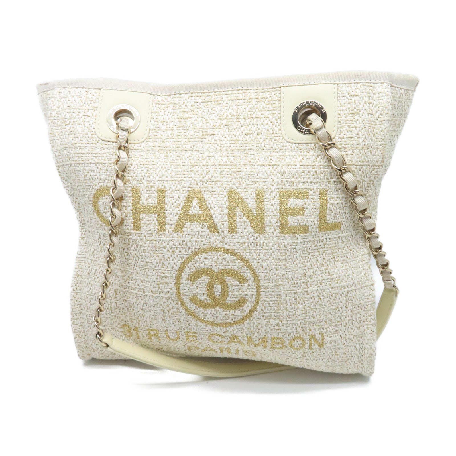 CHANEL 帆布Totebag Canvas金扣鏈帶手挽袋白色