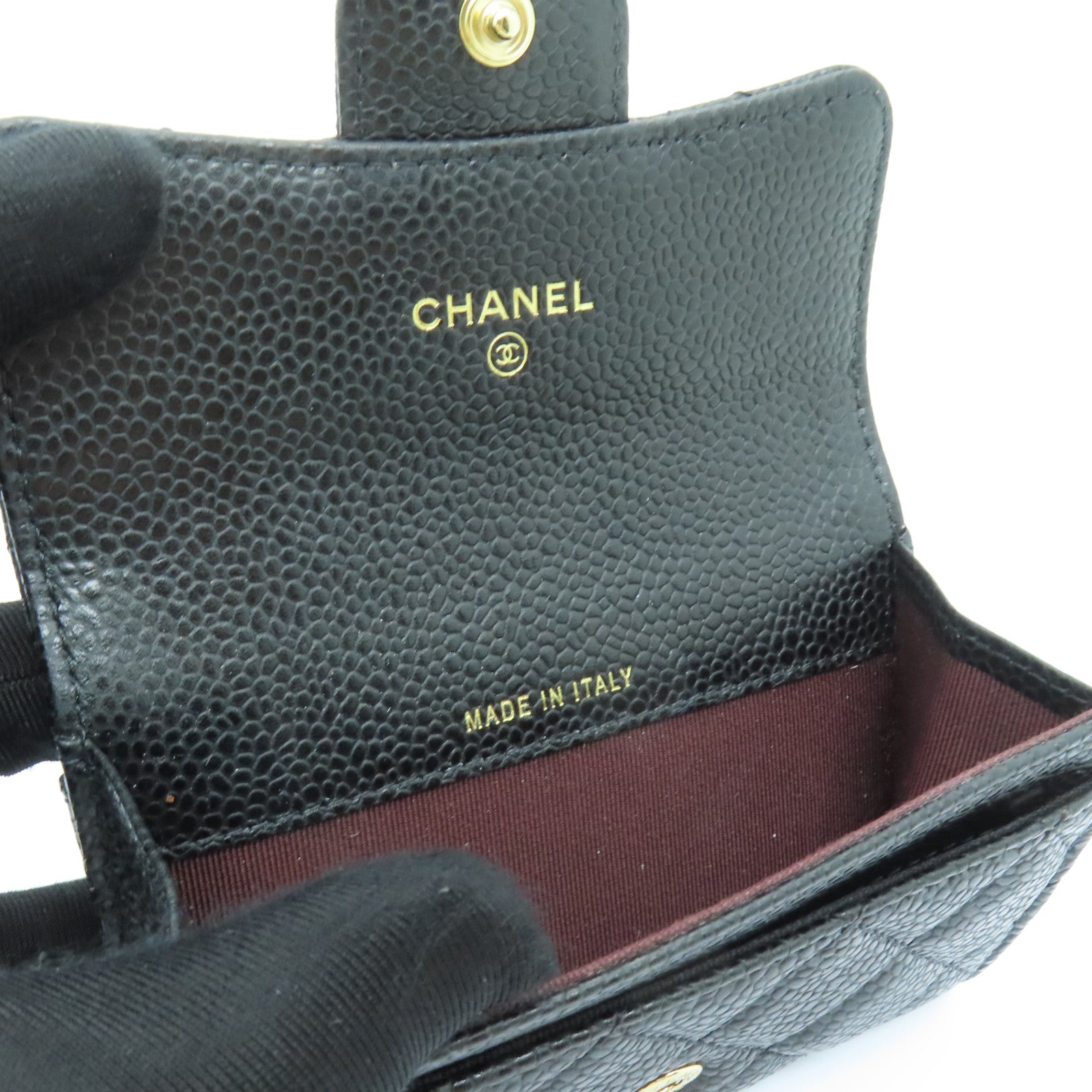 CHANEL 菱格Caviar皮革Card Case金扣卡片套黑色