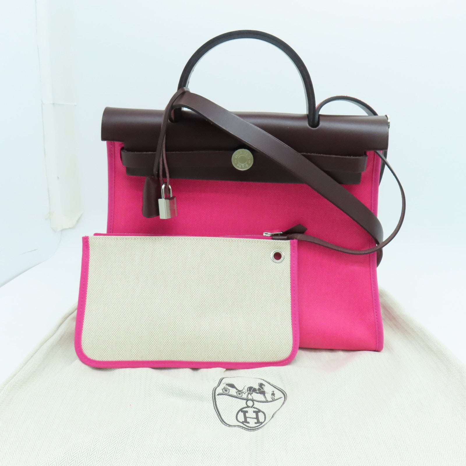 HERMES 涂层帆布Herbag PM银扣手挽肩背两用袋粉红色