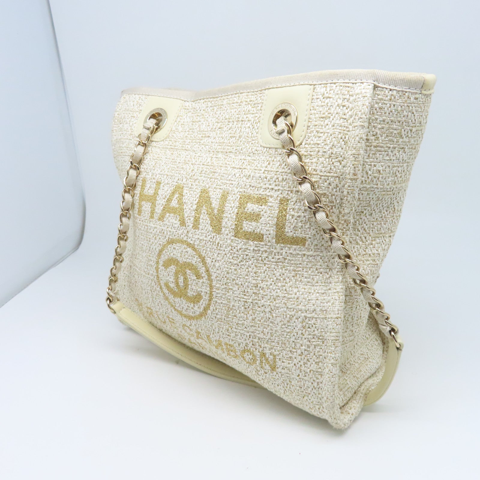 CHANEL 帆布Totebag Canvas金扣鏈帶手挽袋白色