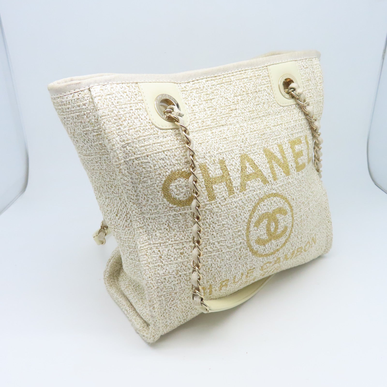 CHANEL 帆布Totebag Canvas金扣鏈帶手挽袋白色