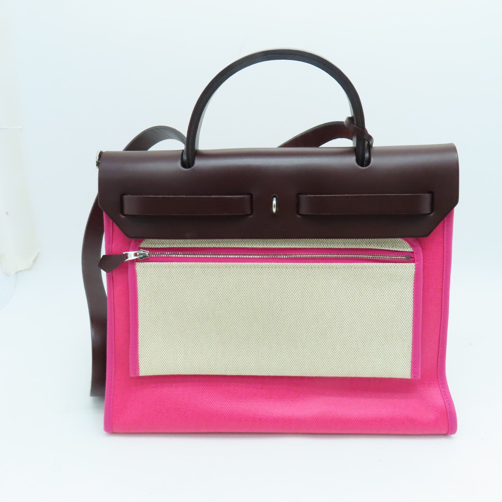 HERMES 涂层帆布Herbag PM银扣手挽肩背两用袋粉红色
