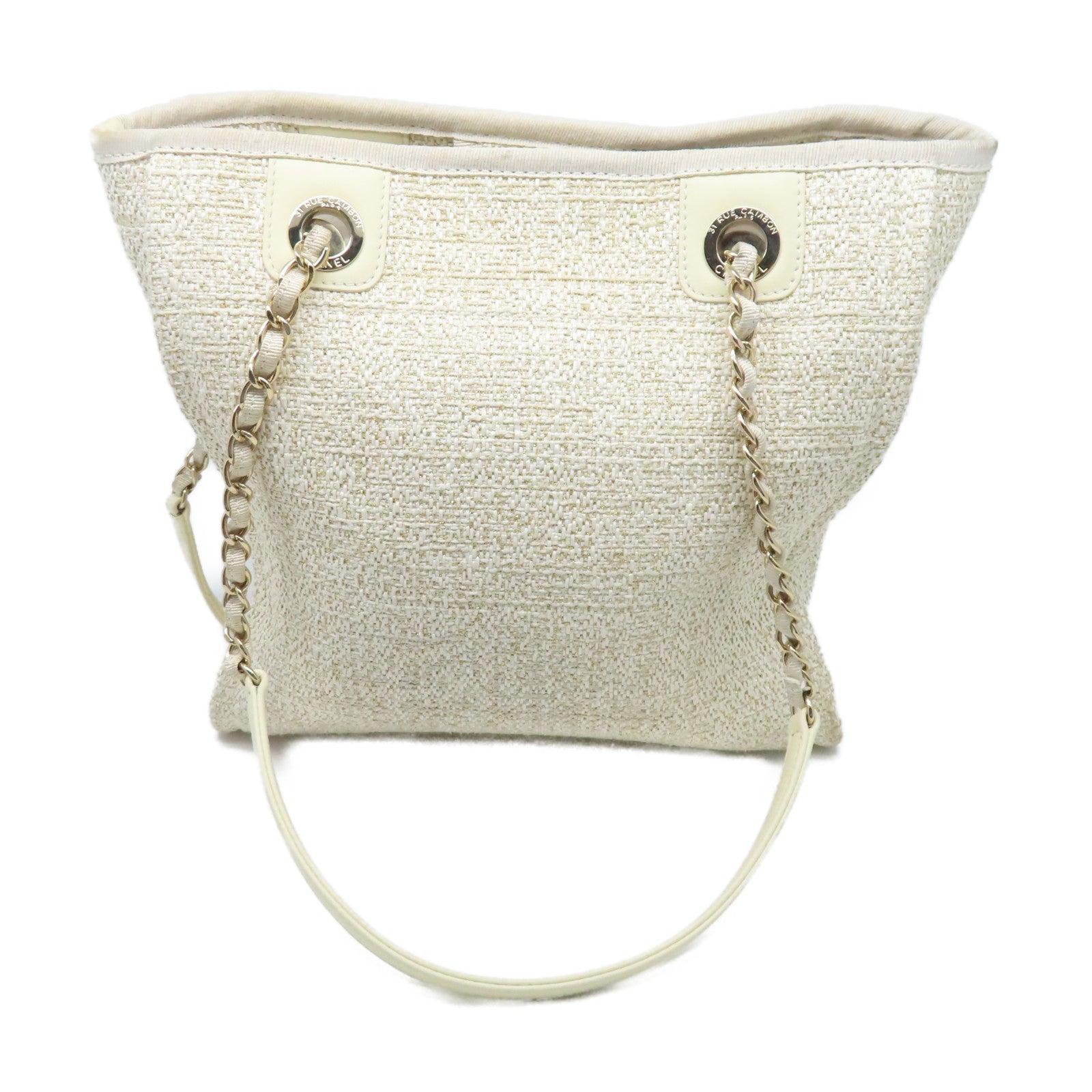 CHANEL 帆布Totebag Canvas金扣鏈帶手挽袋白色