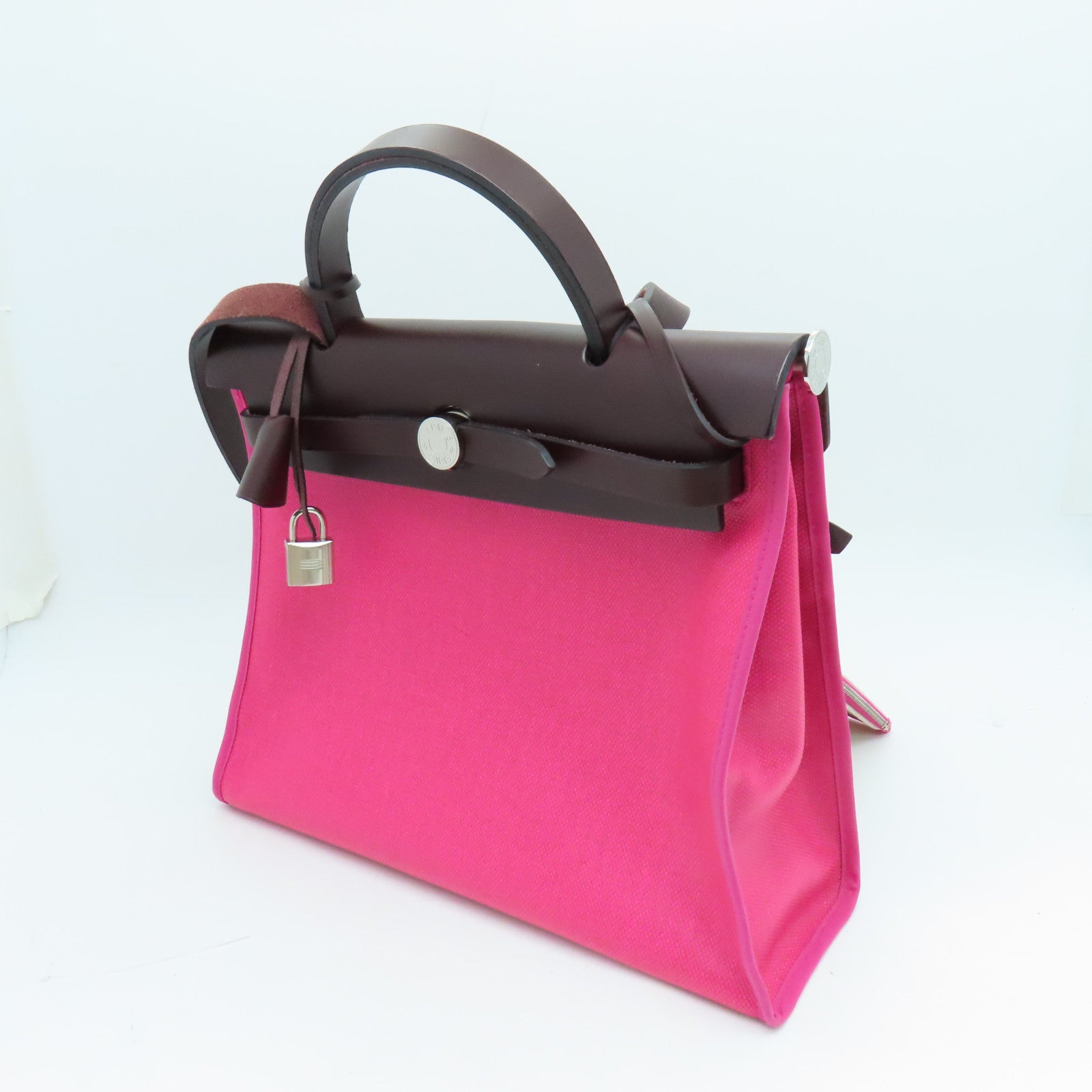 HERMES 涂层帆布Herbag PM银扣手挽肩背两用袋粉红色