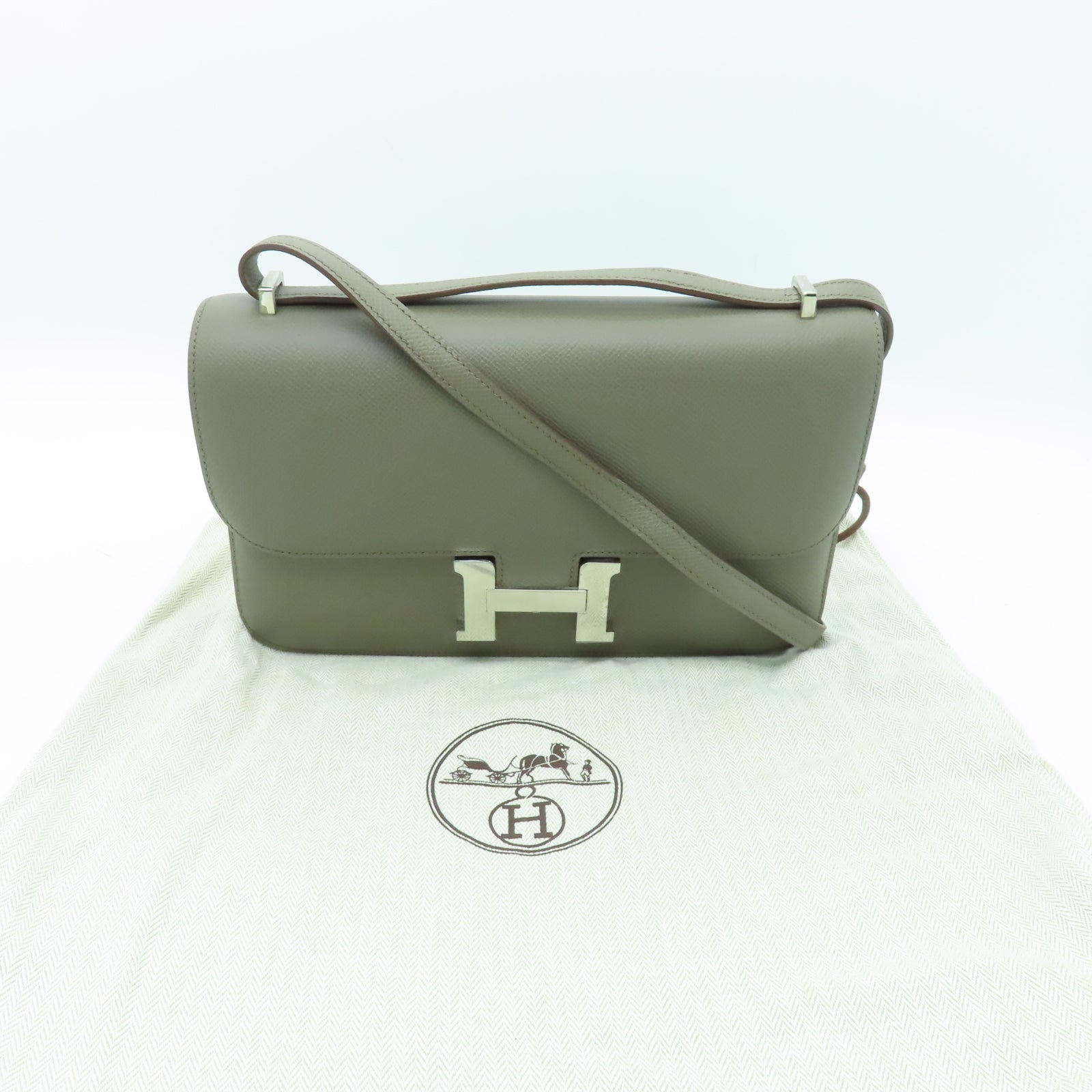 HERMES Epsom皮革Constance Elan銀扣肩背袋灰色