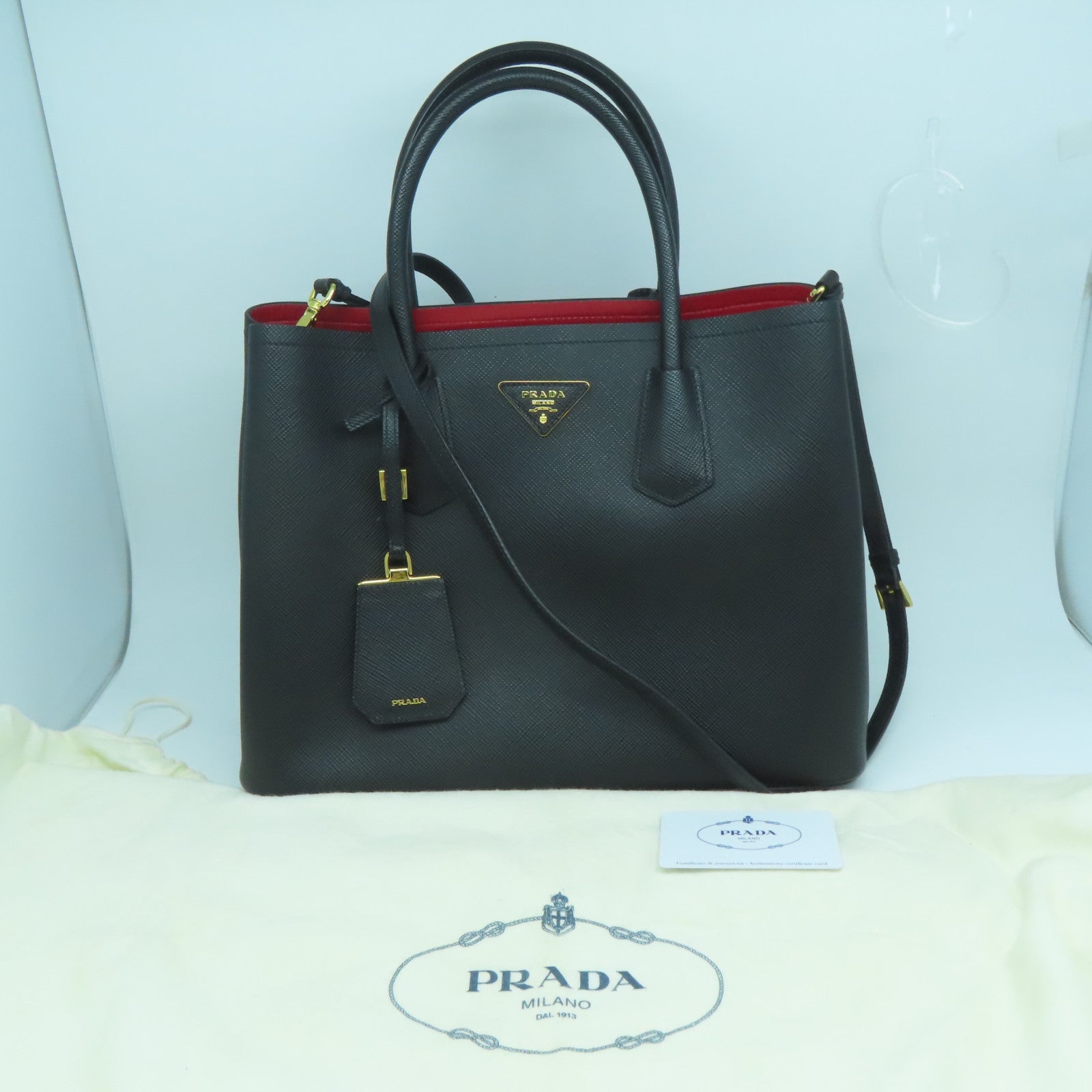 PRADA Saffiano皮革2Way Shoulder Bag金扣手挽肩背兩用袋黑色