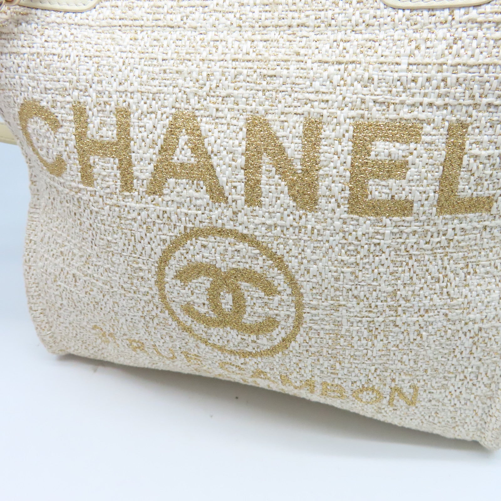 CHANEL 帆布Totebag Canvas金扣鏈帶手挽袋白色