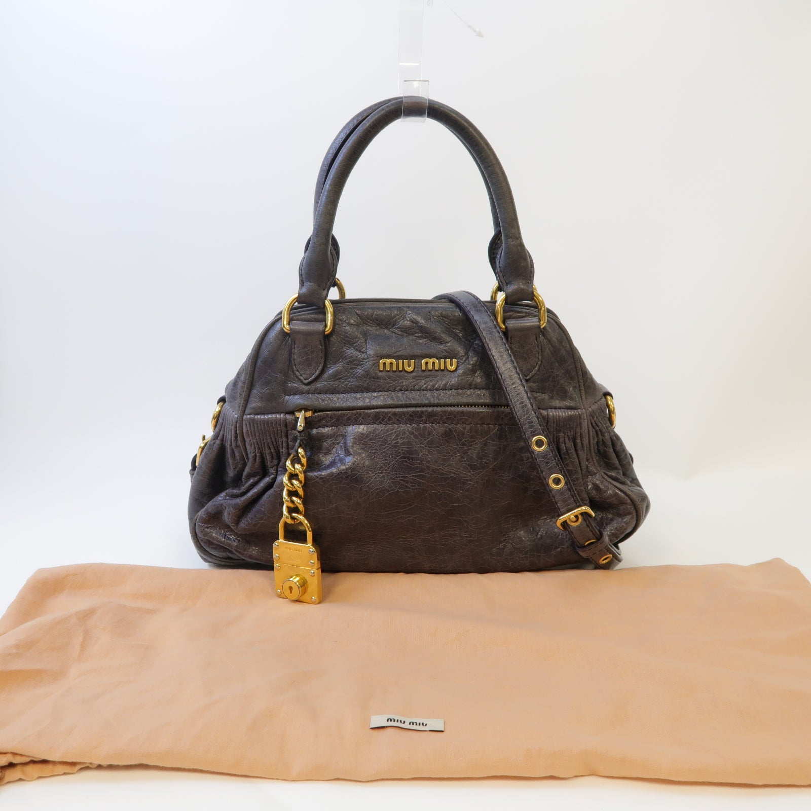 Miu Miu 牛皮皮革2 Way Shoulder金扣手挽肩背兩用袋灰色