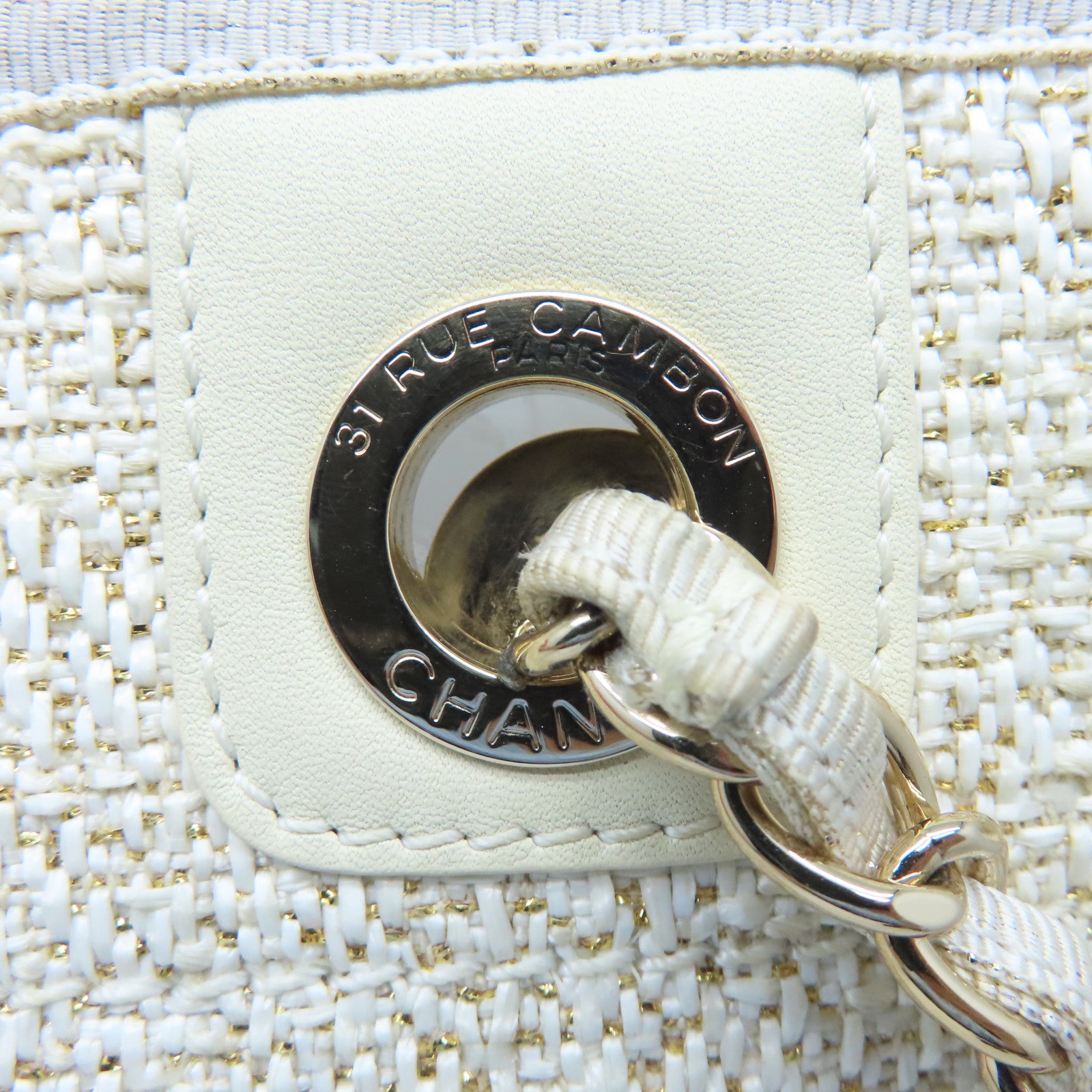 CHANEL 帆布Totebag Canvas金扣鏈帶手挽袋白色
