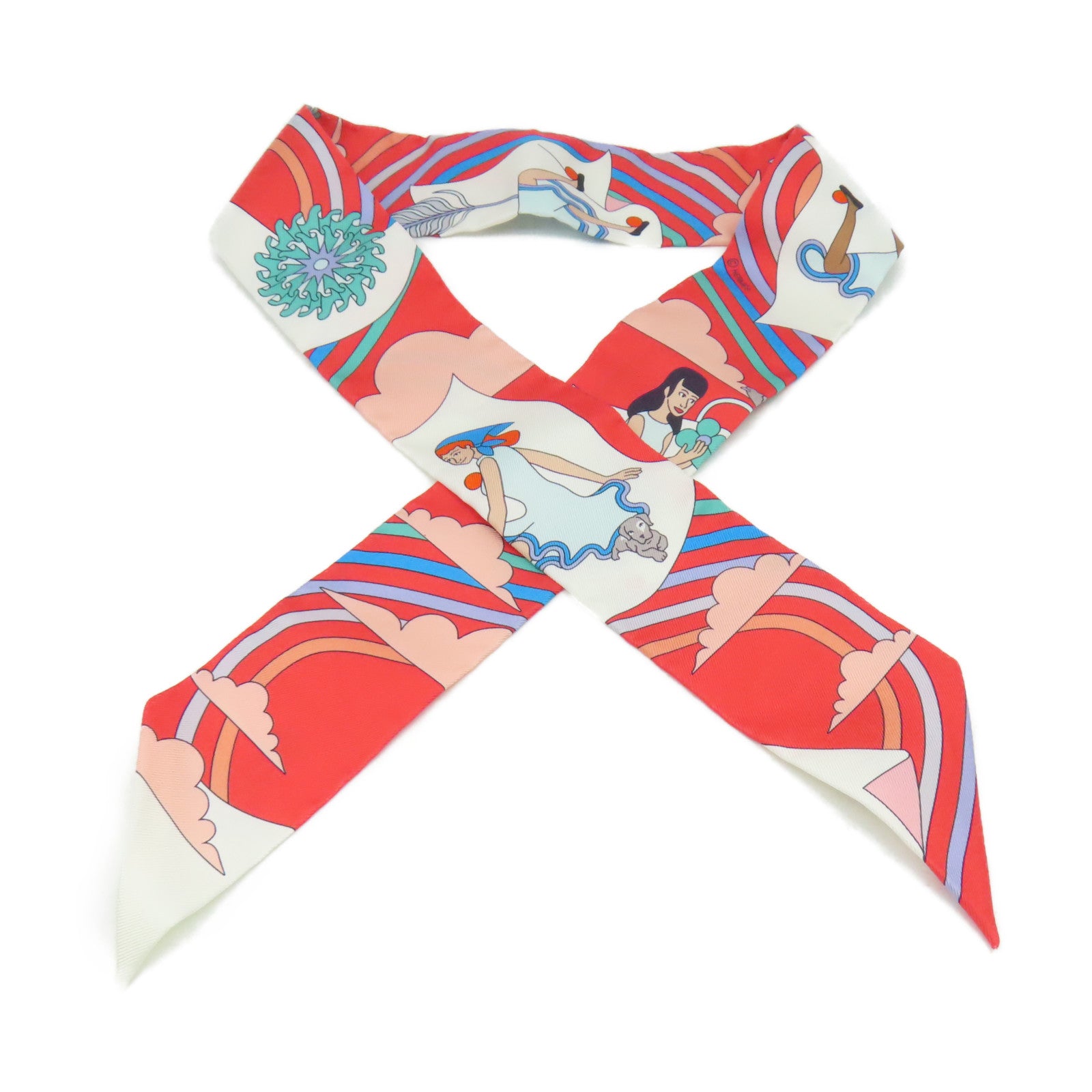 HERMES 【激減優惠】絲質Twilly Scarf絲巾白色/桃紅色/彩色