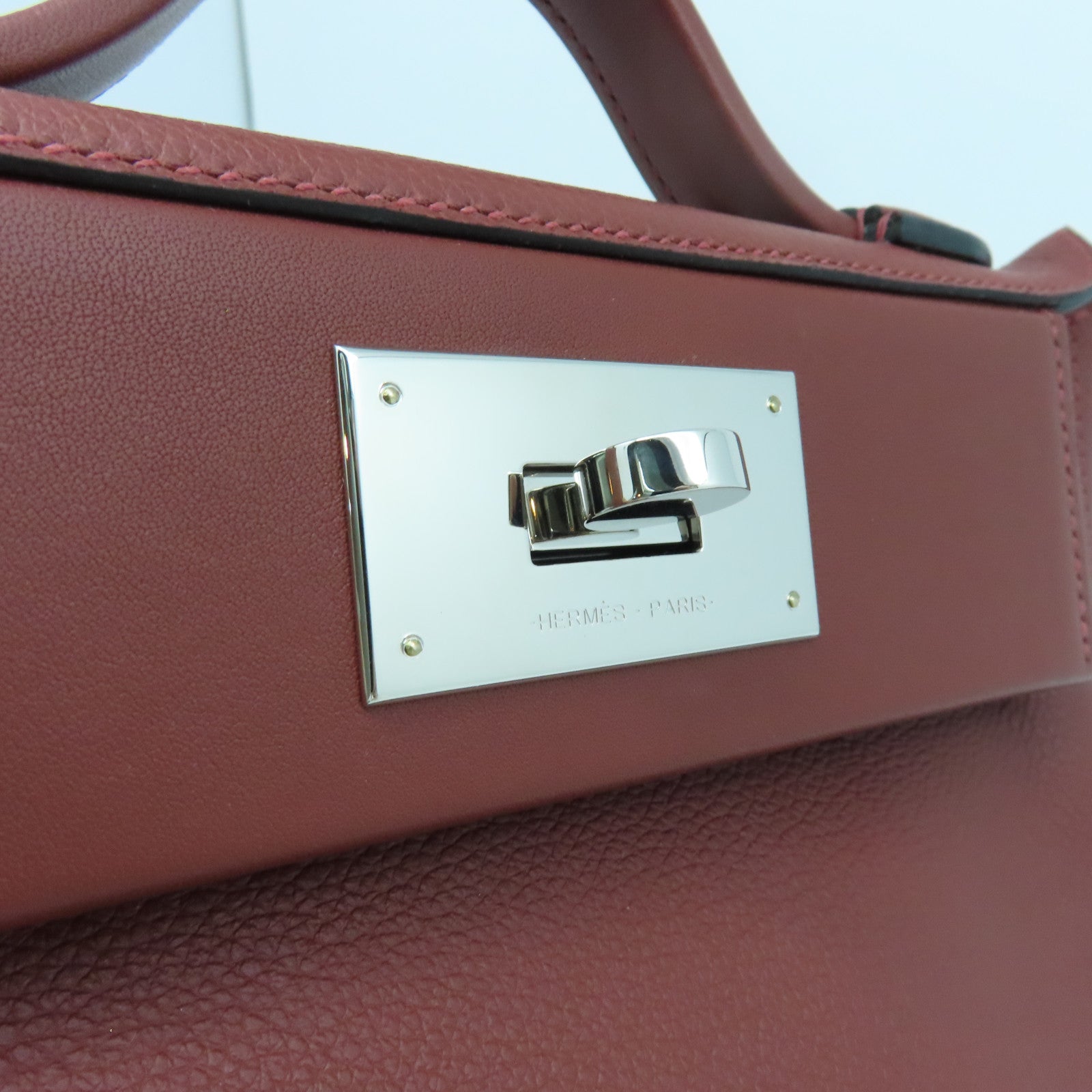 HERMES Evercolor皮革Mini 24/24銀扣肩背袋RougeH酒紅色