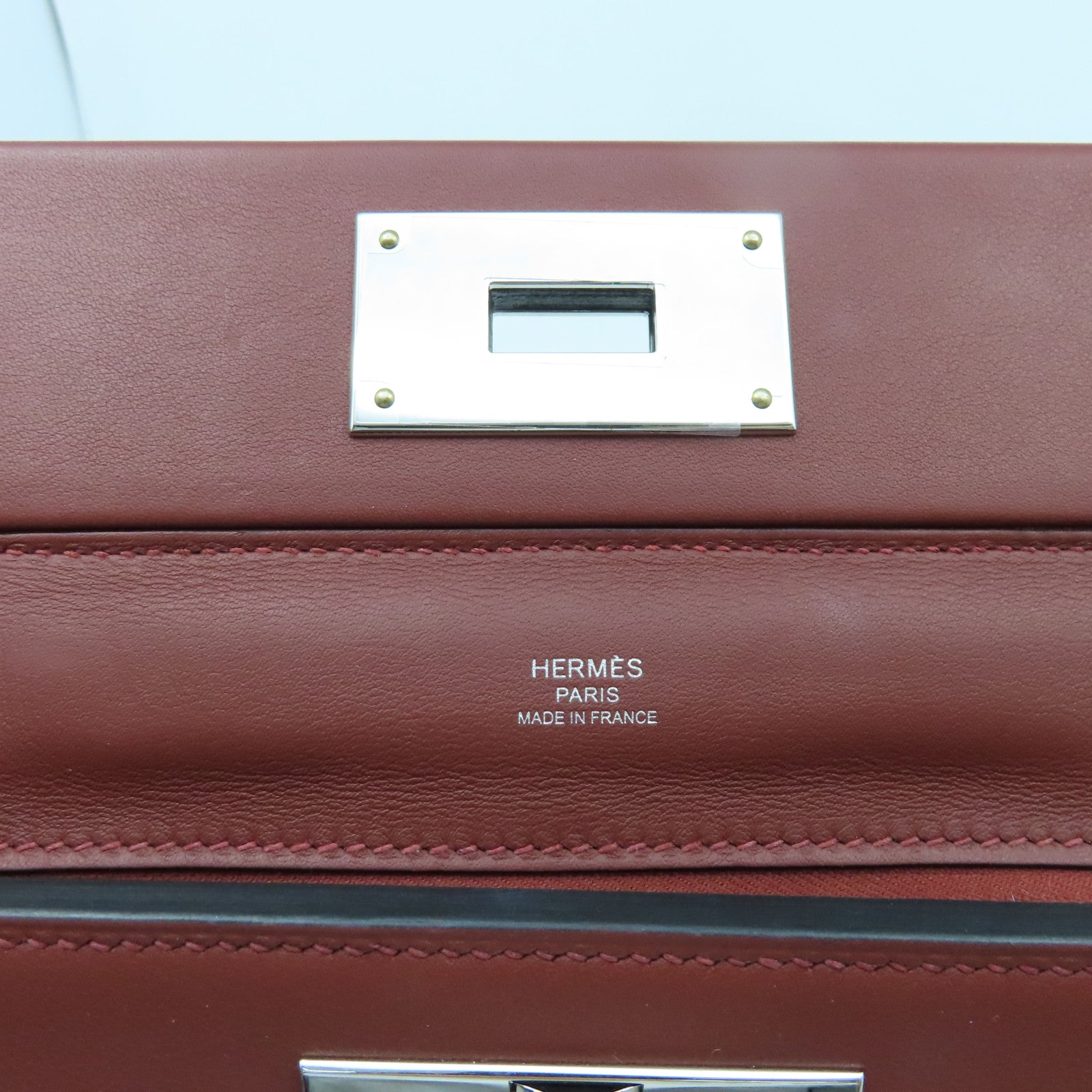HERMES Evercolor皮革Mini 24/24銀扣肩背袋RougeH酒紅色