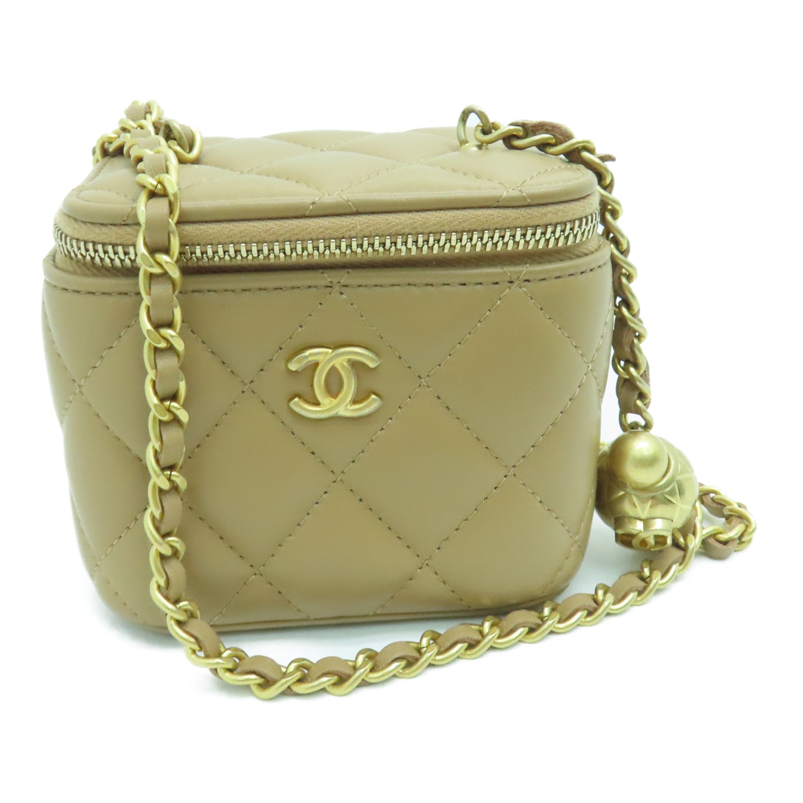 CHANEL 菱格牛皮皮革Chain Shoulder金扣鏈帶肩背袋駝色