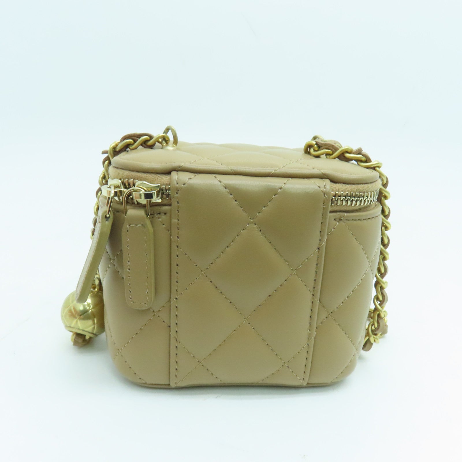 CHANEL 菱格牛皮皮革Chain Shoulder金扣鏈帶肩背袋駝色