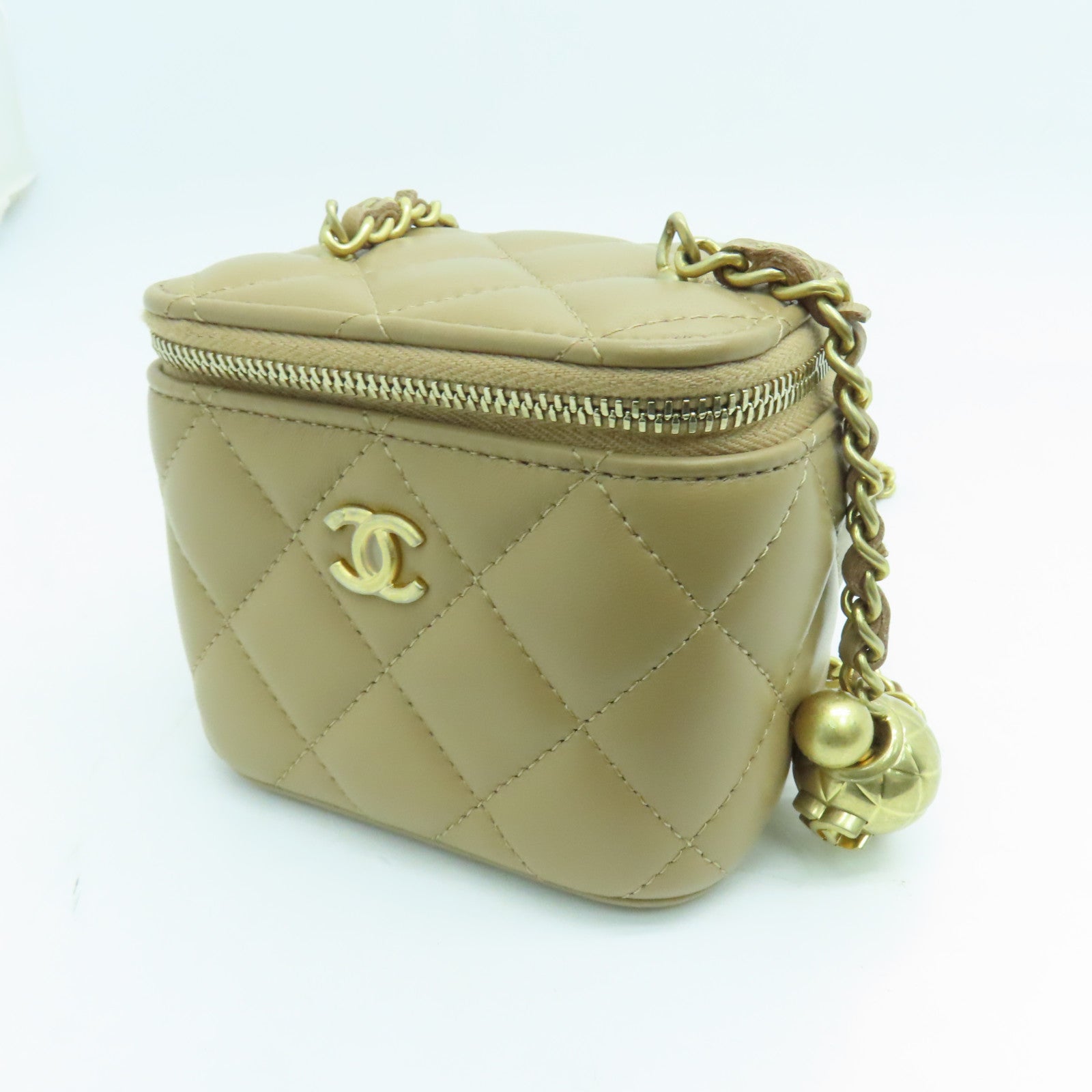 CHANEL 菱格牛皮皮革Chain Shoulder金扣鏈帶肩背袋駝色