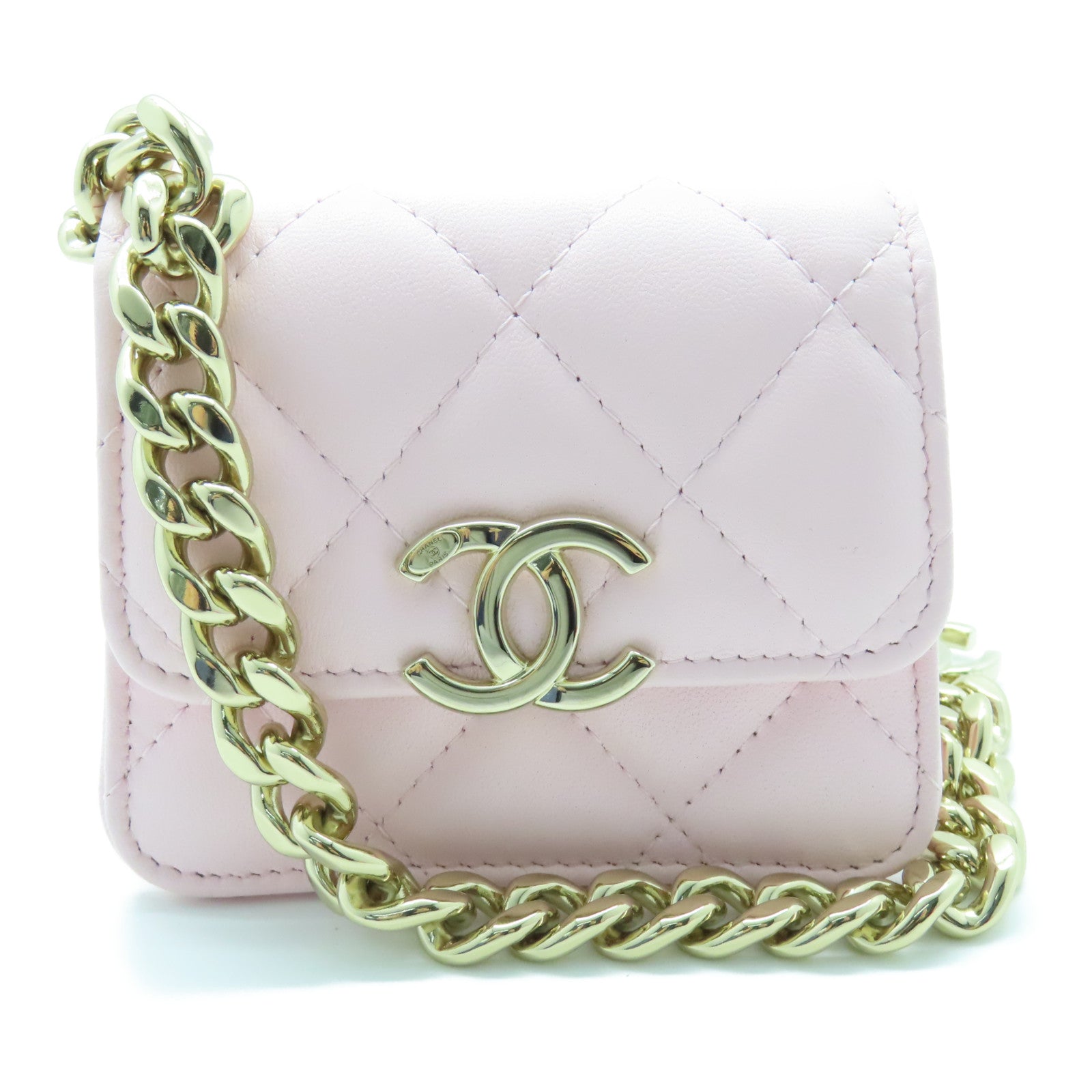 CHANEL 菱格羊皮皮革Chain Shoulder Bag金扣链带肩背袋粉红色