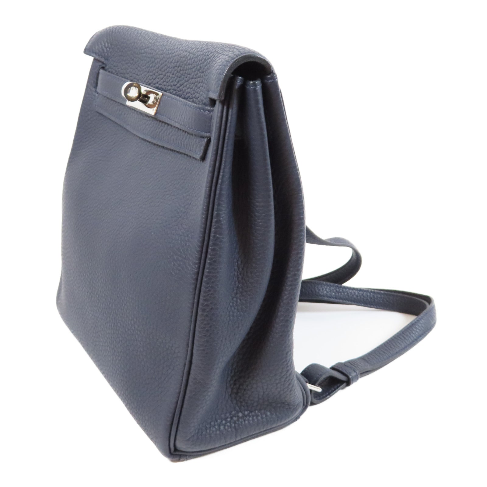 HERMES Clemence皮革Kelly Ado銀扣背包Blue Indigo靛藍色